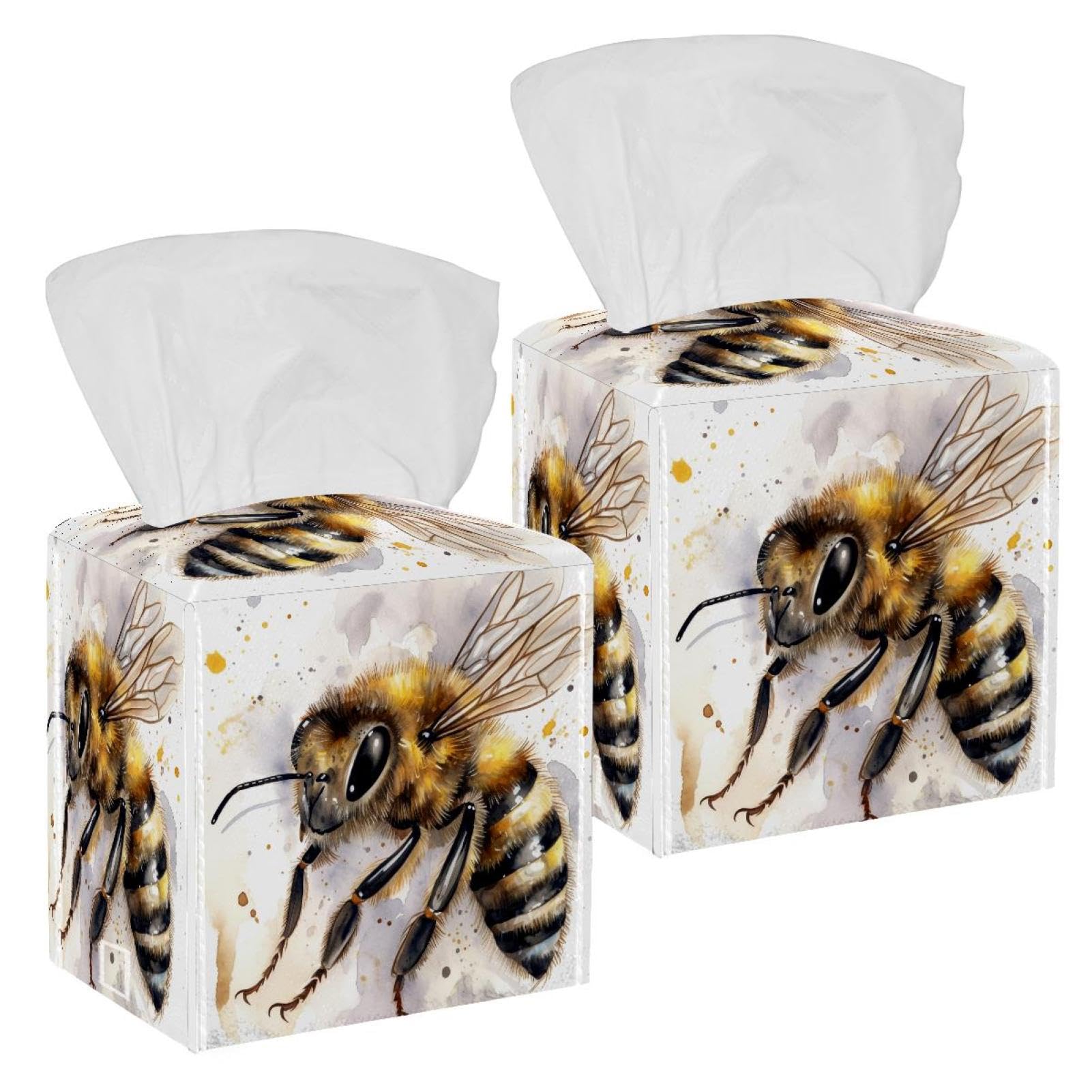 Honey Bee Tissue Box Cover, 2 Pack PU Leather Square Facial Tissue Dispenser Box holder for Home Office Car