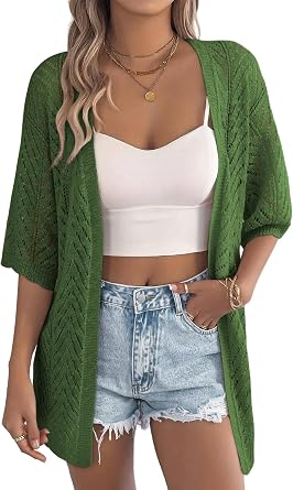 EVALESS Womens Short Sleeve Cardigan Sweaters Crochet Knit Tops