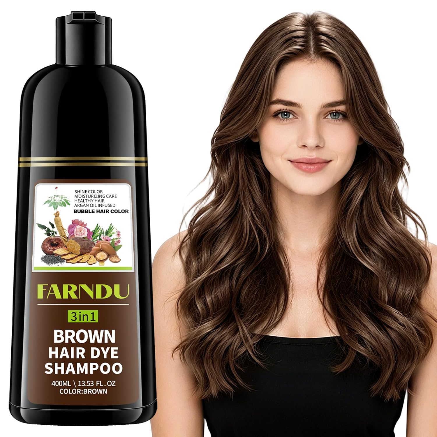 Brown Hair Dye Shampoo 3 IN 1 for Gray Coverage - Natural Instant Color with Ginseng, Ammonia & Paraben Free, Long-Lasting 6-8 Weeks for Men & Women
