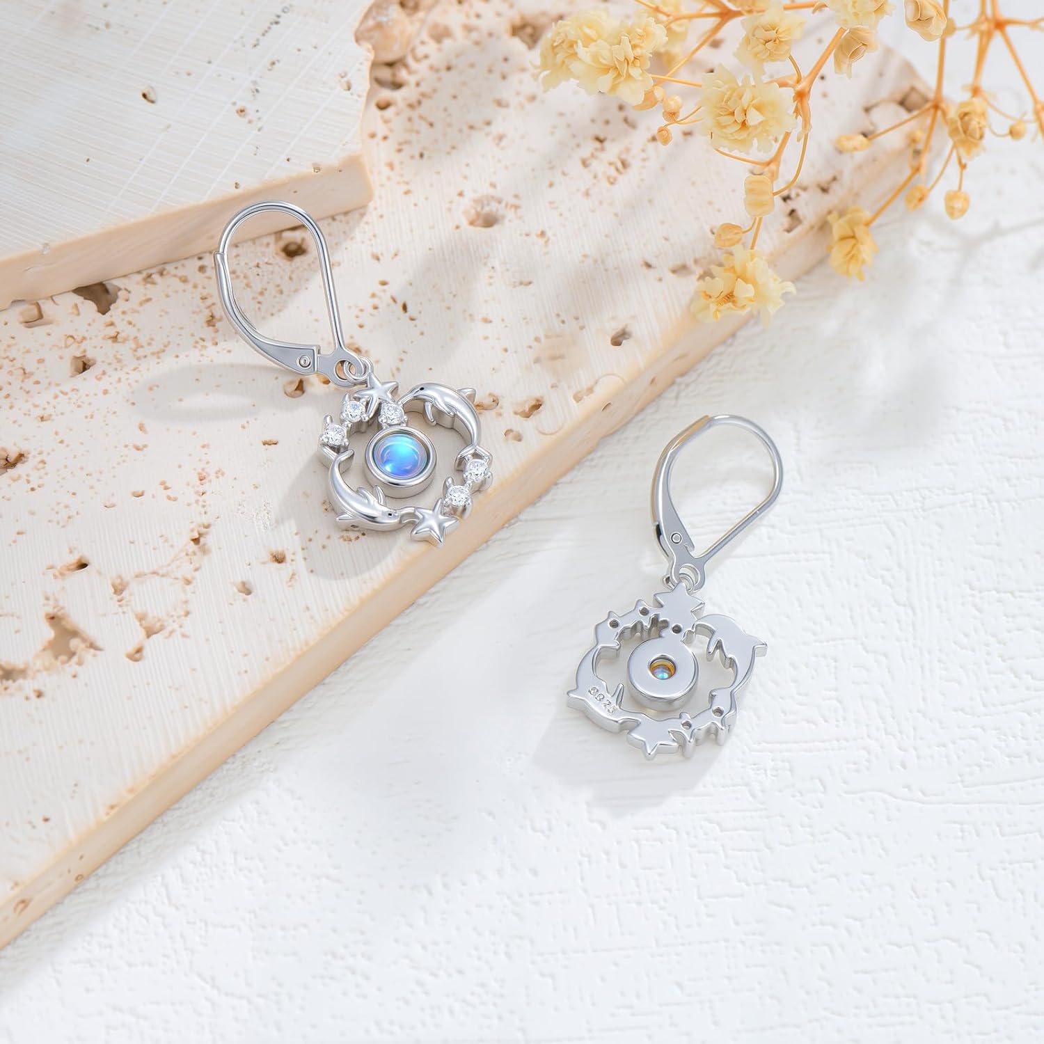 925 Sterling Silver Dolphin/Jellyfish/Shell Dangle Earrings, Mermaid Tail/Whale Ocean Animals Moonstone Earrings, Sea Animals Jewelry Gift for Women, Birthday Anniversary Mother's Day - Image 3