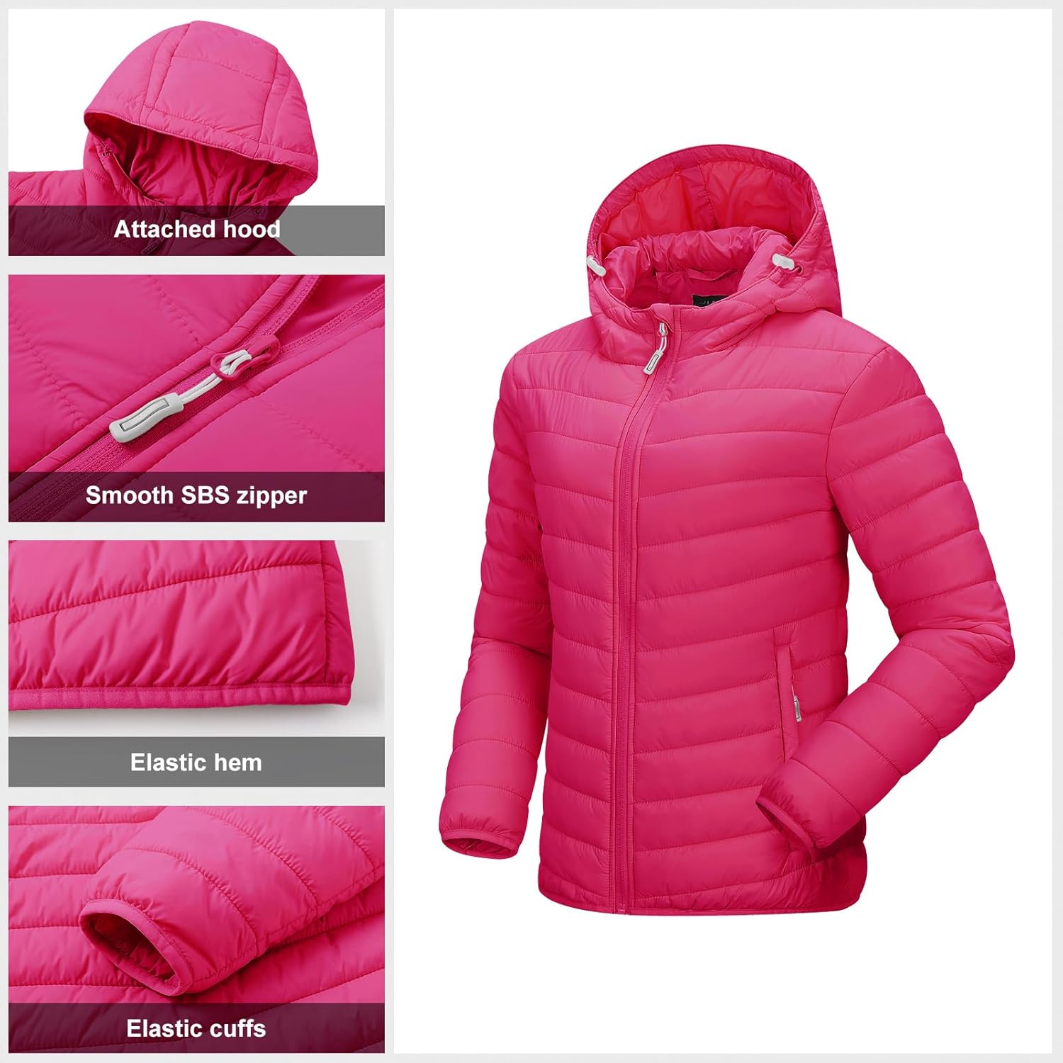 Outdoor Ventures Women's Packable Lightweight Full-Zip Puffer Jacket with Hood Quilted Winter Coat - Image 5