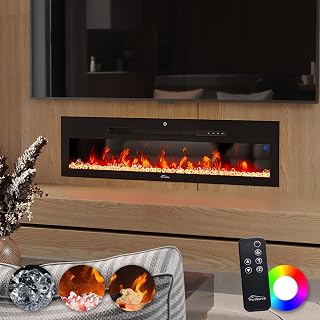 Tronitechnik® Wandkamin elektrisch, Panorama Elektrokamin mit LED Flammeneffekt dimmbar inkl. Kristalle, Elektroheizung 900/1800W, App-Steuerung & Fernbedienung, Timer, schwarz