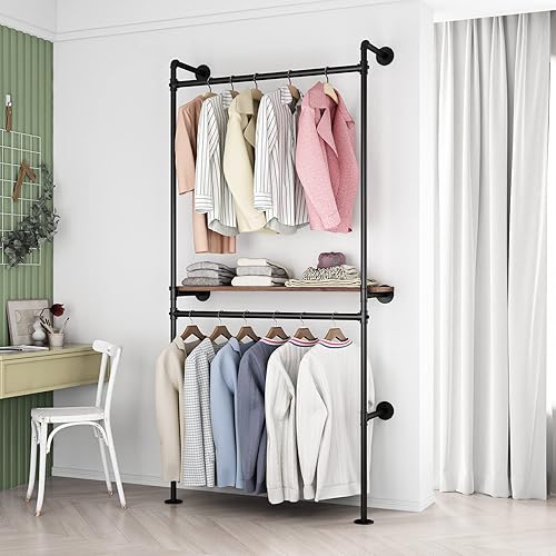 Percheros industriales de tubería negro con doble barra percheros industriales montados en la pared barras de ropa al por menor para colgar ropa