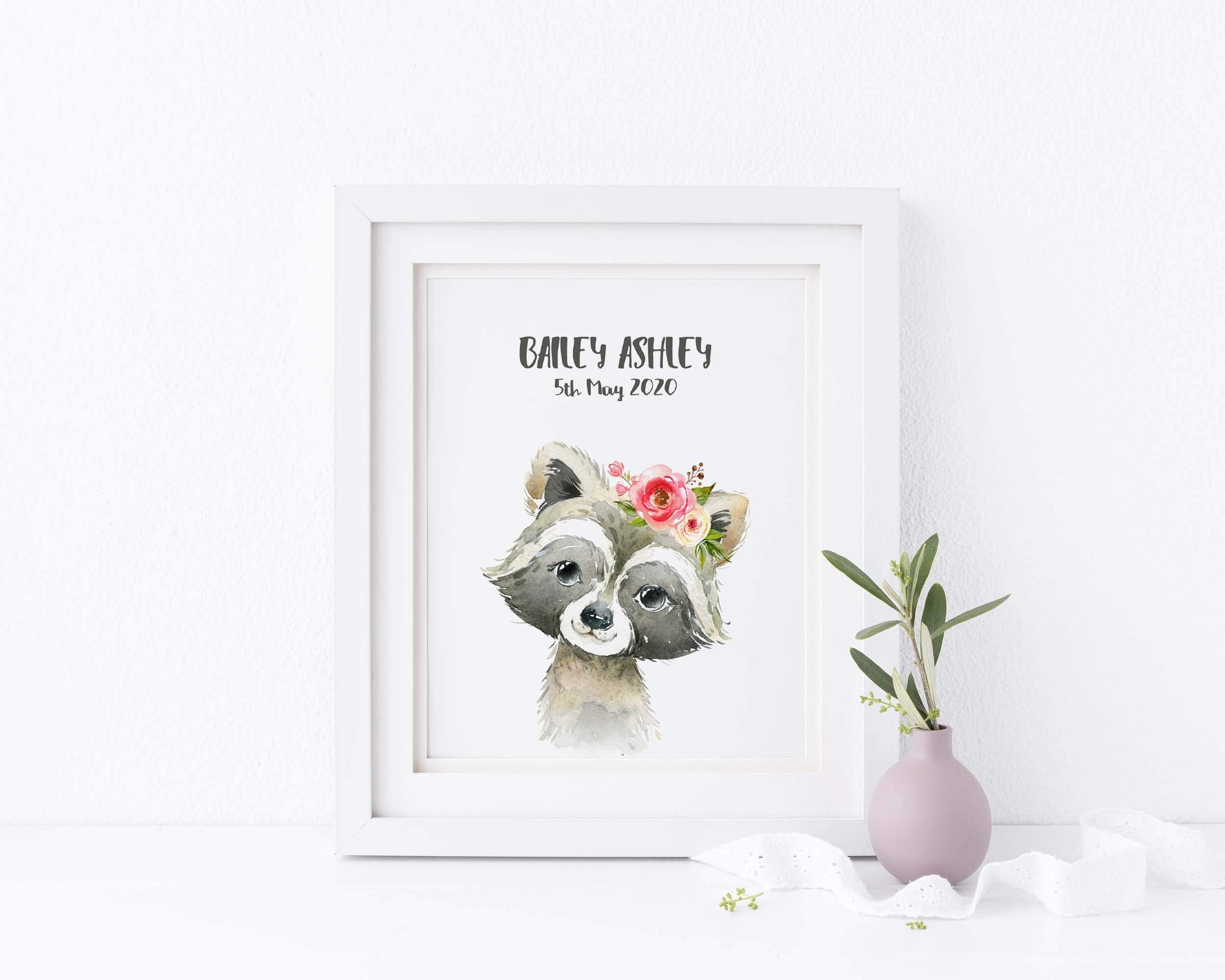 Raccoon Personalised Kids Room Wall Art Woodland Animal Print, Custom Watercolour Baby Bedroom Decor