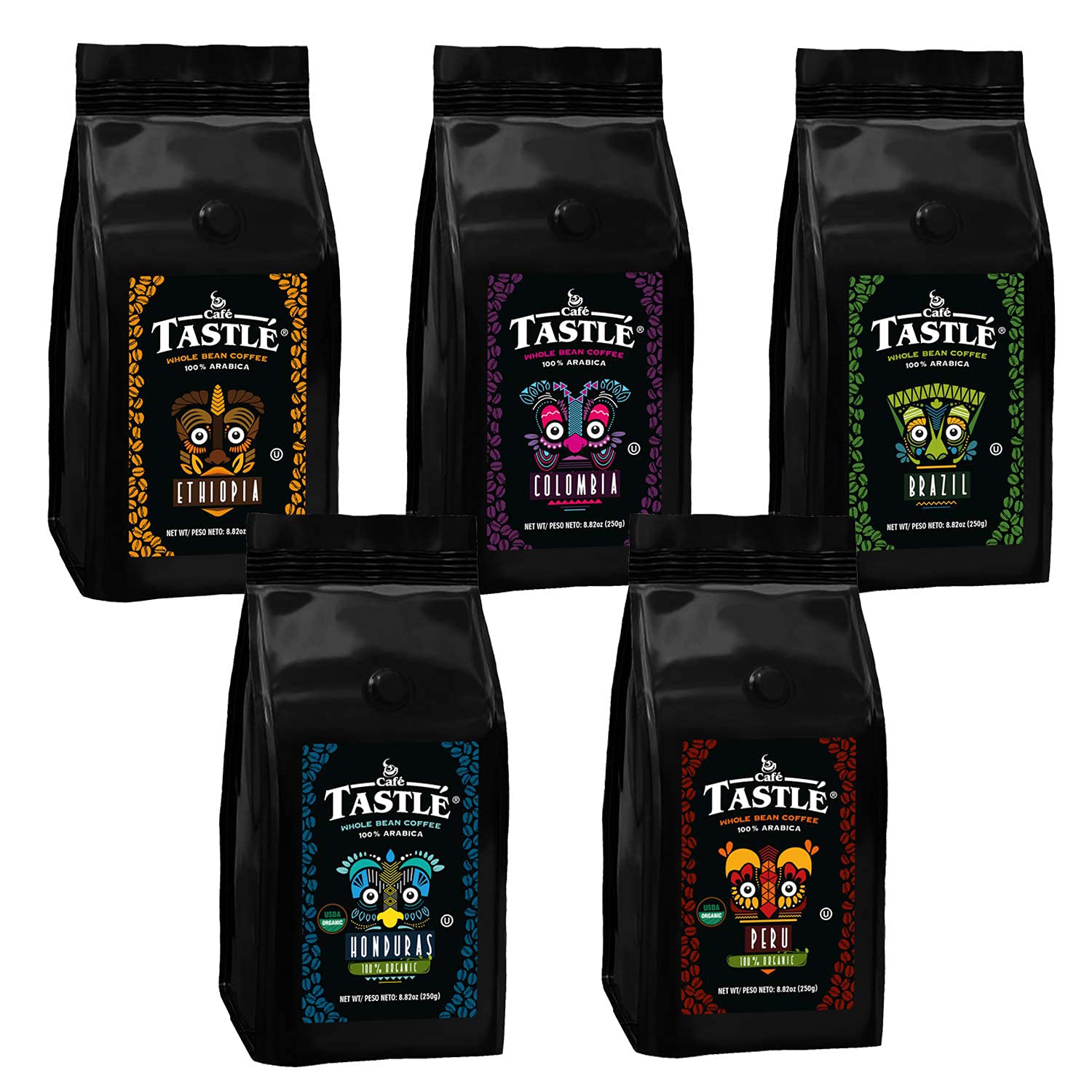 Cafe Tastle Ethiopia Colombia Brazil Honduras Peru Medium-Dark Roast 100% Arabica Whole Bean Coffee,