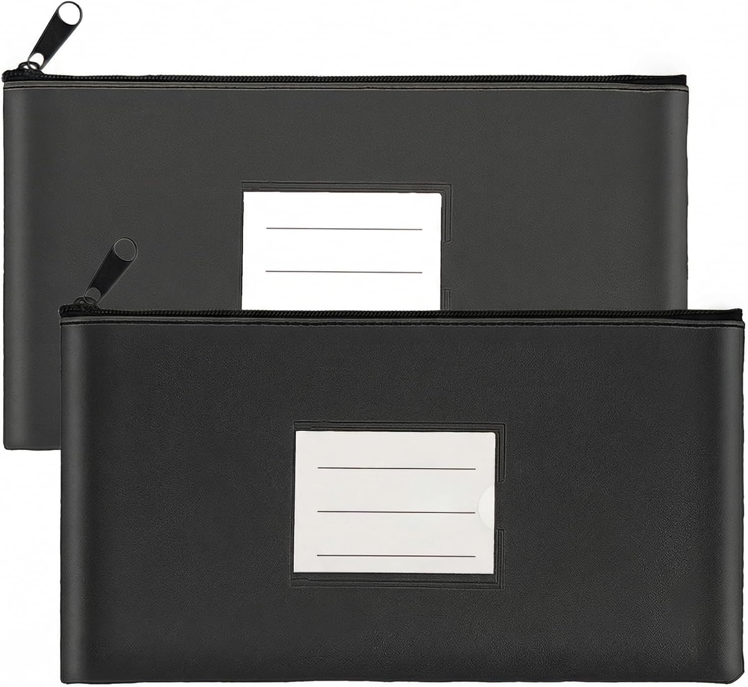 2-Pack Bank Deposit Money Bags with Zipper, PU Leather Cash Pouches with Label, 11.2 x 6.1 Inches, for Coins, Cosmetics, Bills, Tools, Black