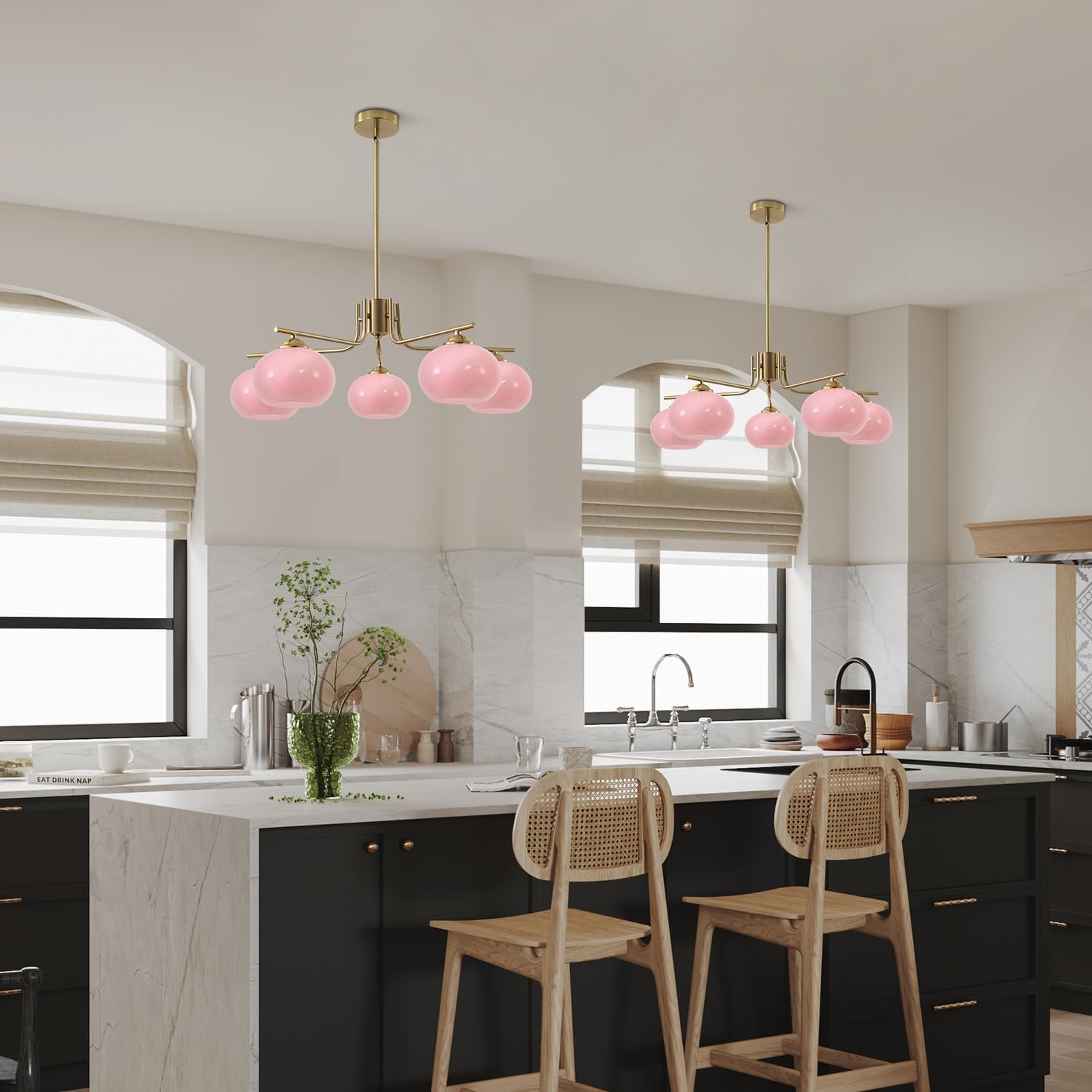 KCO Lighting Modern Pink Kronleuchter Rosa Glas Pendelleuchte 5 Lichter Gold Große Globe Kronleuchter Mitte Jahrhundert Unterputz-Deckenleuchte Leuchte für Esszimmer Küche Insel Wohnzimmer