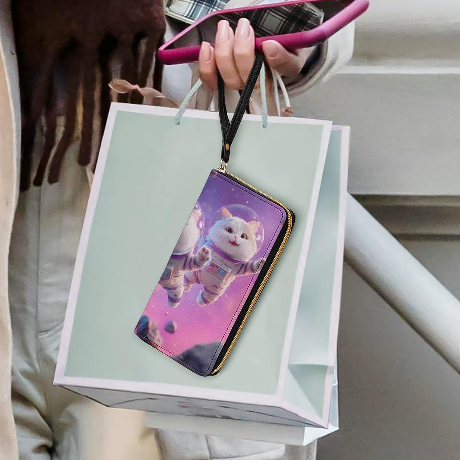 Cute Cats in Space1 Long Zippered Pouch Large Clutch Cash Wallet with Rope Handle for Men Women