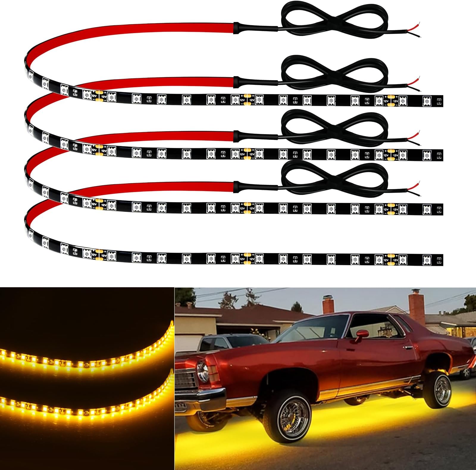 Keiurot 12V Led Light Strip 24" Connectable Amber Led Strip Lights for Cars Boat Marine Golf Cart Trucks Waterproof Interior & Exterior, 4Pack