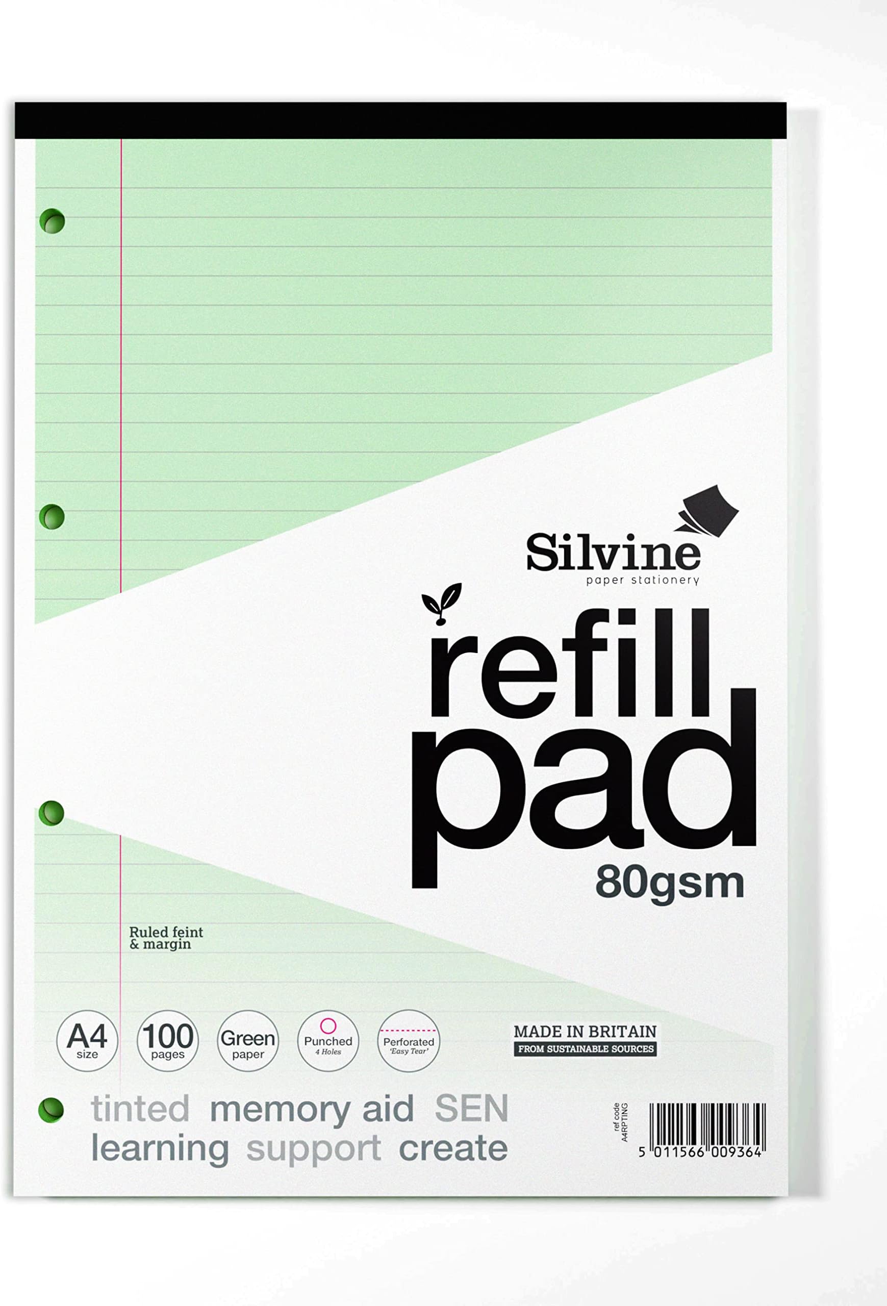 Silvine A4 Green Paper Dyslexia Refill Pad - Lined with Margin (100 Pages)