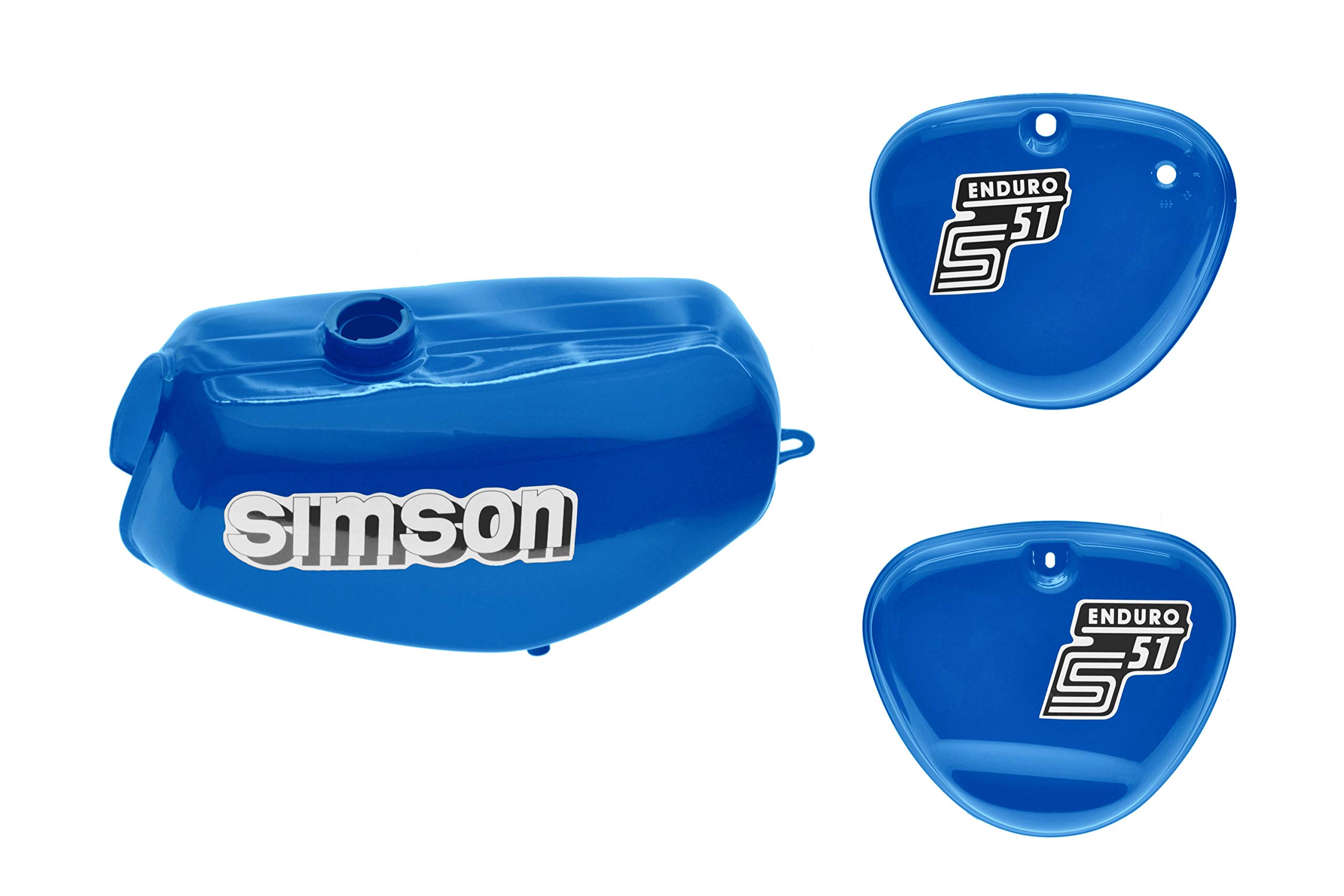 Ost2rad Endurotank Set S5E ENDURO Mittelblau versiegelt mit Aufkleber Simson - Bananentank für Simson S51 Enduro und baugleiche Typen aus Eisen - Motorrad-Benzintank