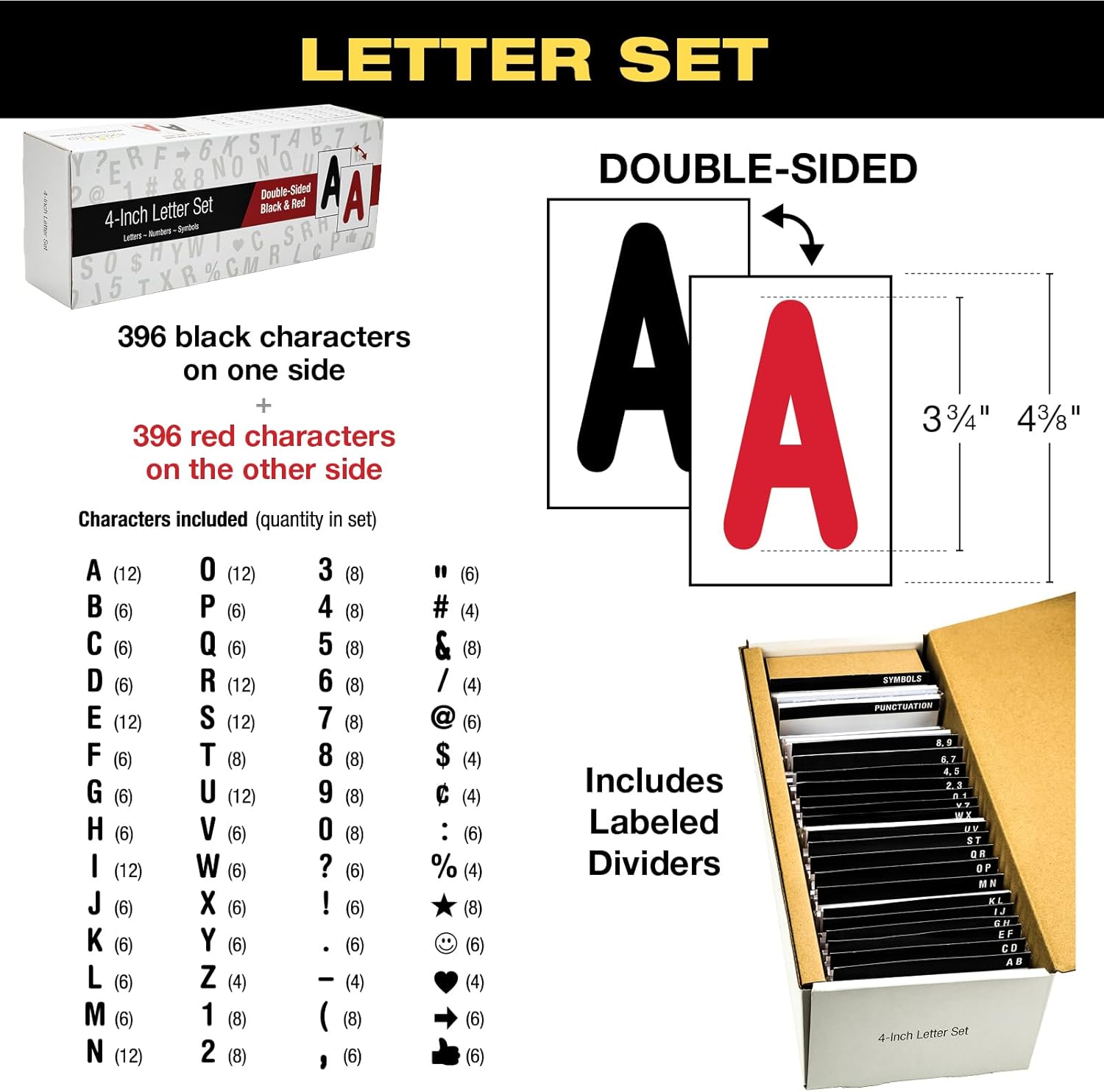 Swinging Changeable Message Sidewalk Sign: 24" x 36" Sign with 792 Pre-Cut Double Sided Letters and Storage Box. Includes Black Board & Letter Board (Black Color Legs)