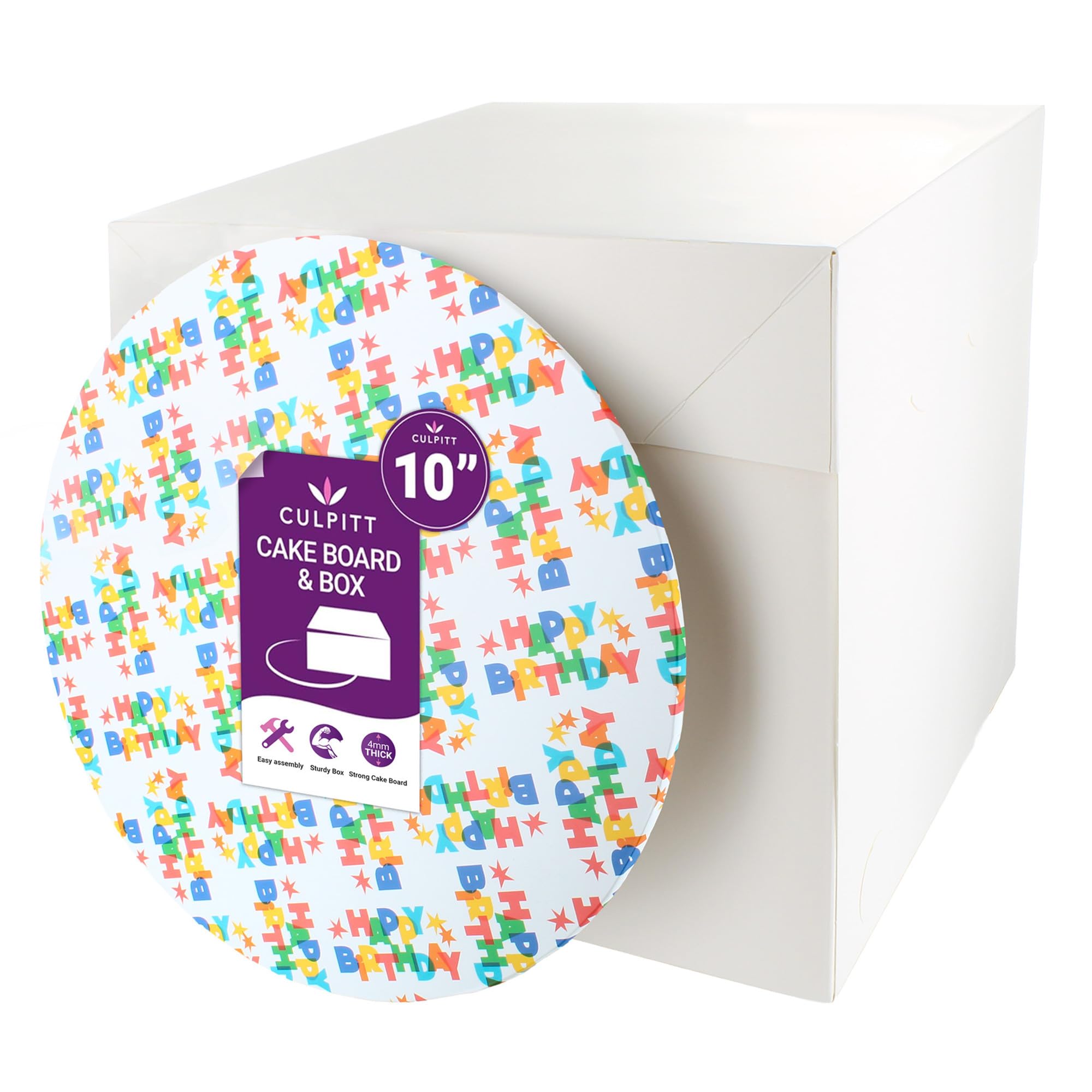 Culpitt HAPPY BIRTHDAY Cake Board & Tall Cake Box Set | 10" | 10 x 10 x 10 Inch Square Box and Matching Premium Masonite Cake Board, Extra Tall Box For Tiered or Decorated Cake Transport