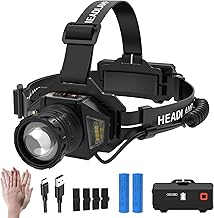 Rechargeable Headlight, 3-Color Light Source, LED Headlight, Headlamp, Battery Operated, 13 Modes, 6,000 mAh, Zoom Function, Sensor, TYPE-C Charging, Helmet Light, 60 Hours of Continuous Use, IP65