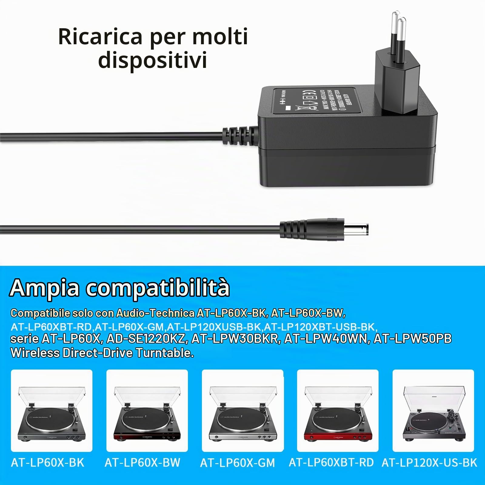 Cavo di alimentazione a 12 V per giradischi Audio Technica per il giradischi a trazione diretta Audio-Technica AT-LP60X AT-LP60X-BK AT-LP60X-BW AT-LP60XBT-RD AT-LP120XUSB-BK