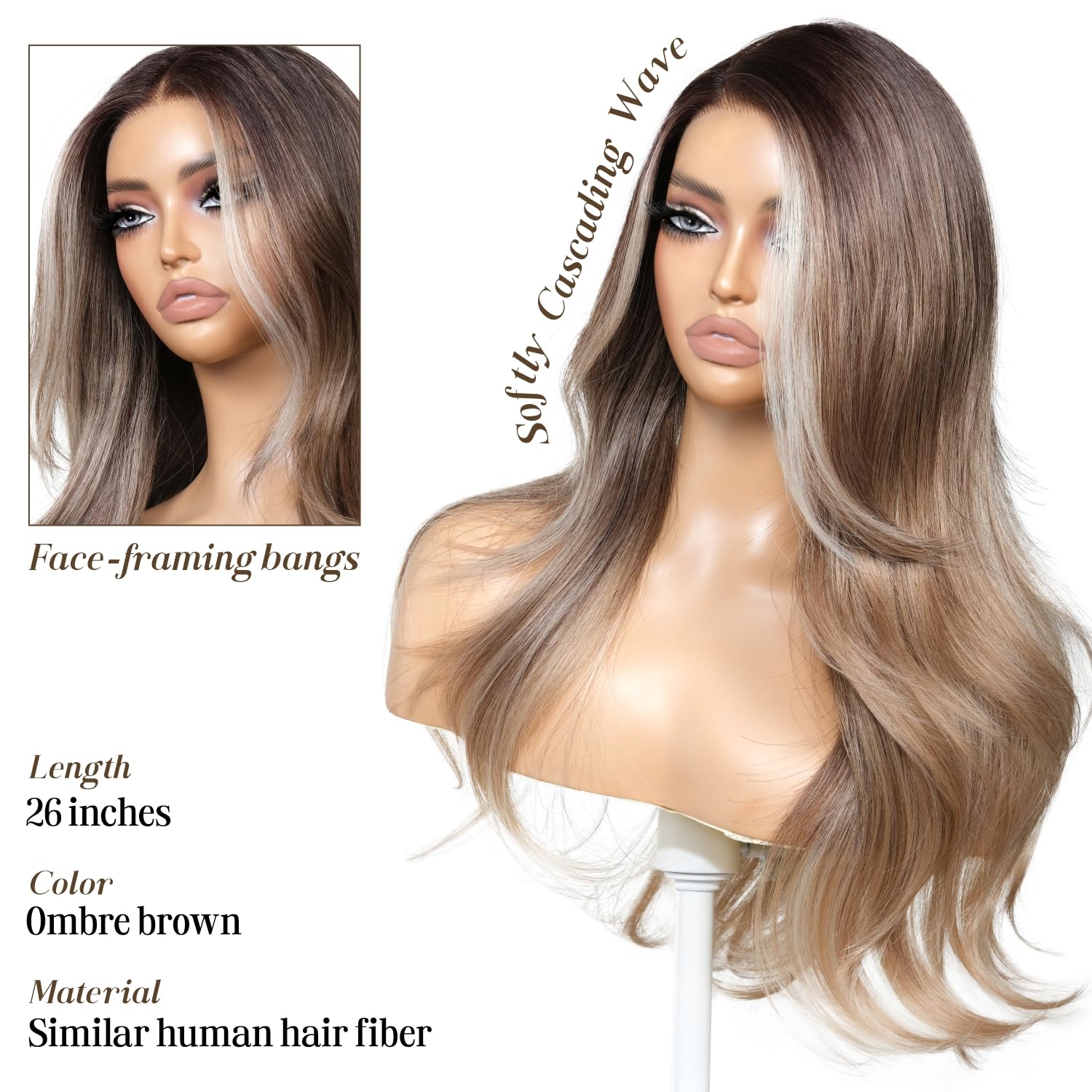 Synthetic Lace Front Brown Ombre Layered Wig with Bangs Pre Plucked Pre Cut 13x4 HD Lace Wear and Go Glueless Body Wave Wig for Women 23 Inch