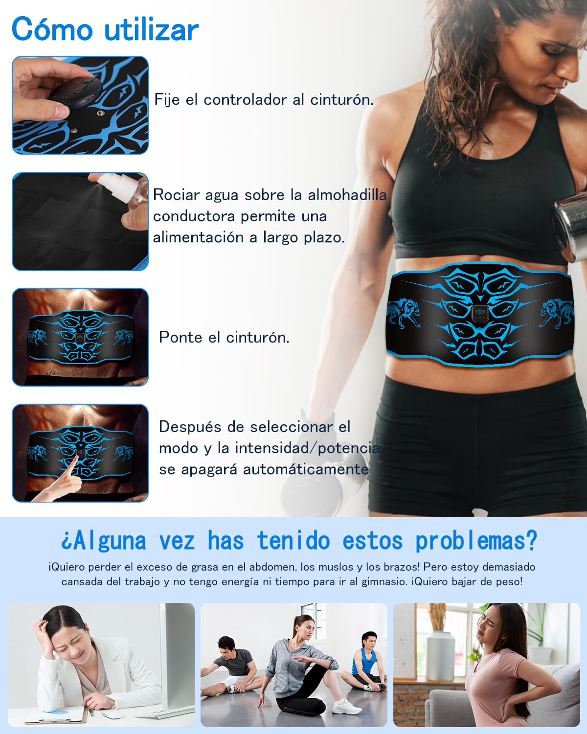 Electroestimulador Abdominal – Cinturón de entrenamiento abdominal lavable , 8 modos, 30 niveles , dispositivo de fitness portátil recargable , Adecuado para el hogar, la oficina, hombres y mujeres
