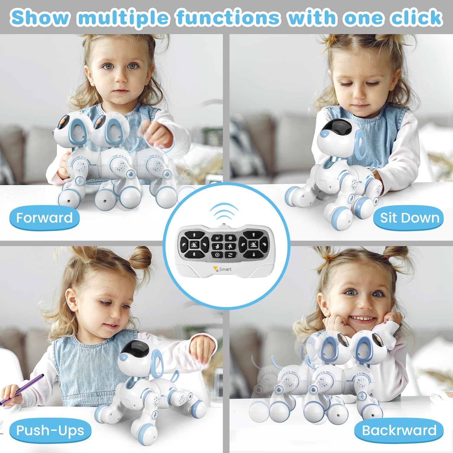 Perro robot, perro a control remoto para niños con detección táctil de cabeza y función de música, robot interactivo programable, divertido juguete de regalo para niños de 3 a 7 años, azul 3