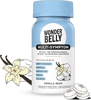 Wonderbelly Multi-Symptom Medicine, Anti-Diarrhea & Upset Stomach Relief with Bismuth Subsalicylate, Vanilla Bean, 48 Chewable Tablets