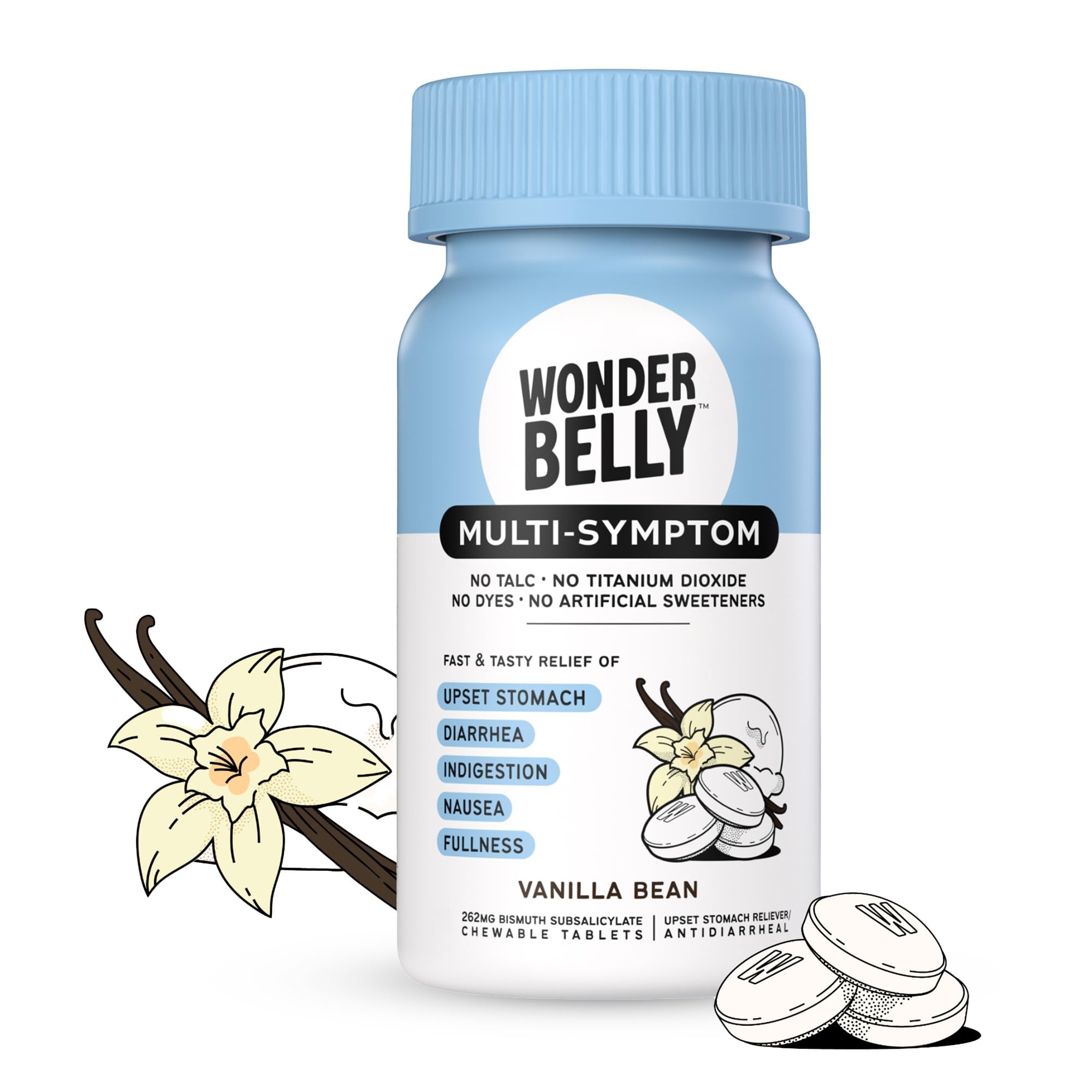 Wonderbelly Multi-Symptom Medicine, Anti-Diarrhea & Upset Stomach Relief with Bismuth Subsalicylate, Vanilla Bean, 48 Chewable Tablets