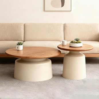 Round Coffee Table Set of 2 with Solid Wood Table Top Easy Assembly and Cleaning Low Centre Table for Living Room Bedroom Balcony