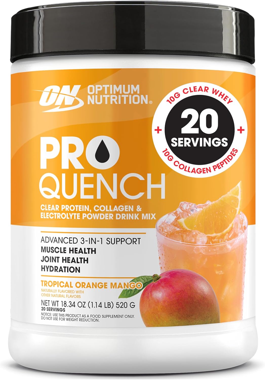 (Exp:2027/09/12) Optimum Nutrition Pro Quench, 10g Clear Protein, 10g Collagen peptides & Electrolyte Powder Drink Mix, Tropical Orange Mango, 20 Servings, 520 Grams (Packaging May Vary)
