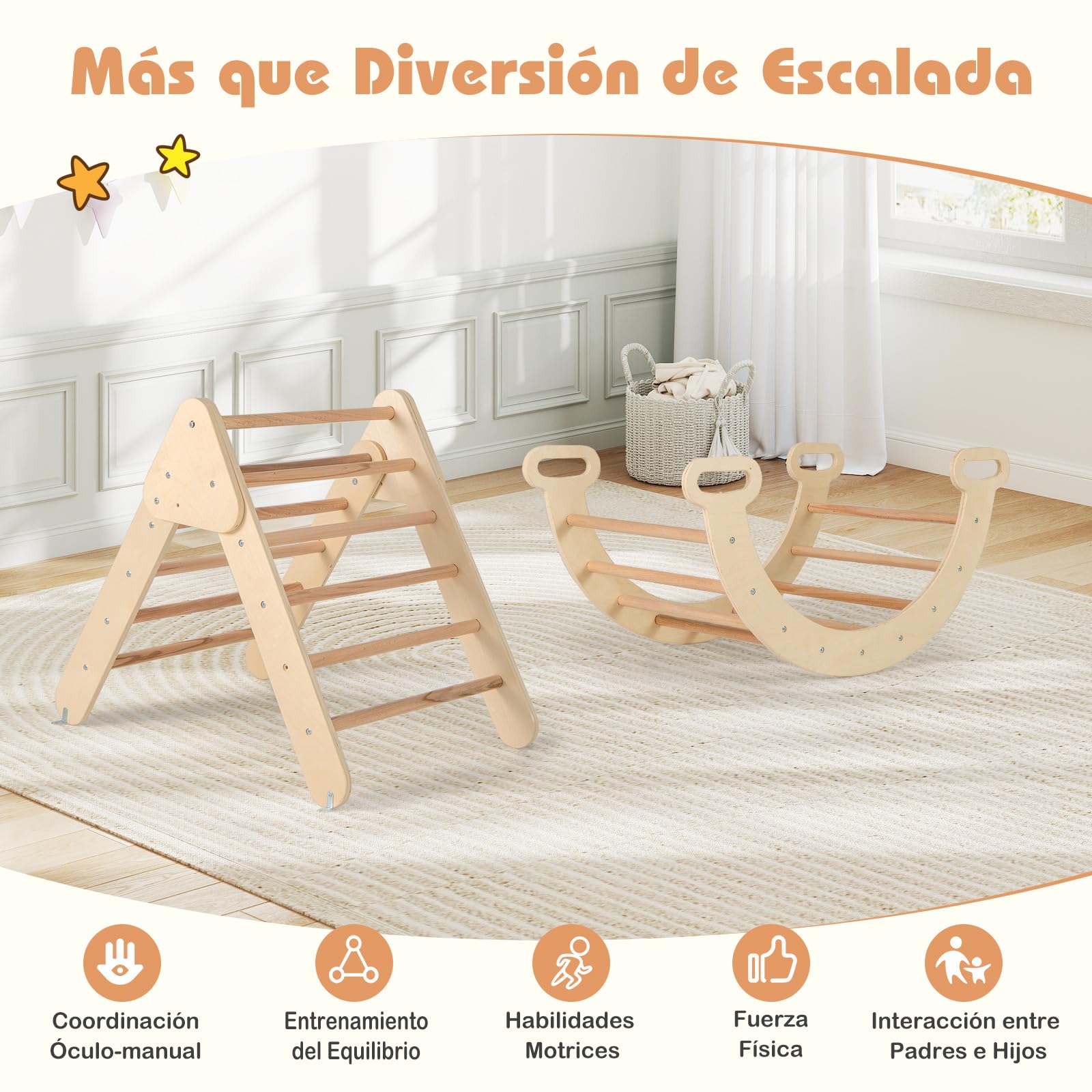 GOPLUS 7 en 1 Triángulo de Escalada para Niños de 1 Año, Montessori Escalador con Tobogán Rampa Arco, Juguetes de Escalada de Madera, Slide Aprendizaje para Guardería Casa, Carga 50 kg (Natural)