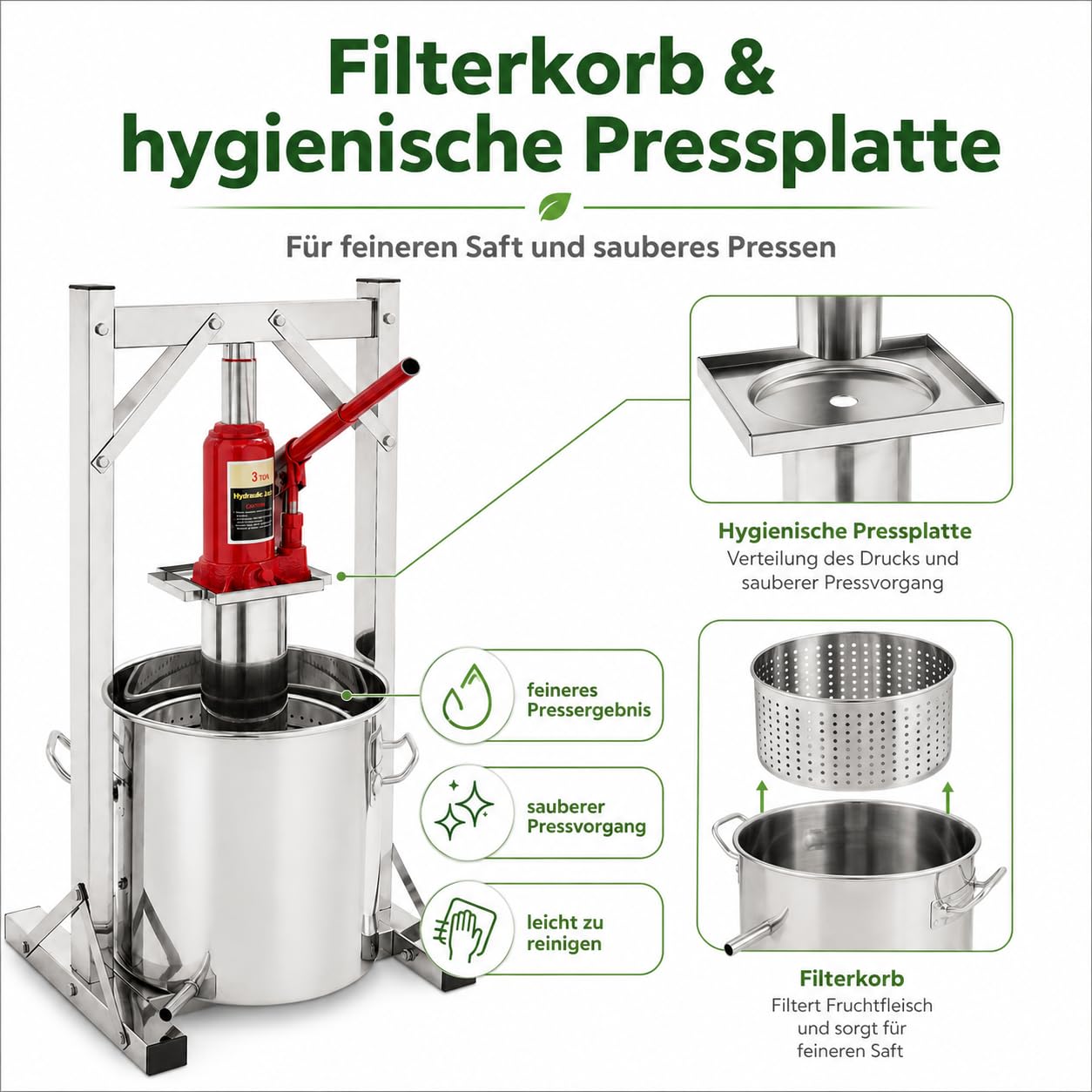 12L 3T Edelstahl Obstpresse Obstmühle Frucht Saftpresse Weinpresse Apfelpresse mit Trommel, ​Pressenrahmen und Hydraulic Jack