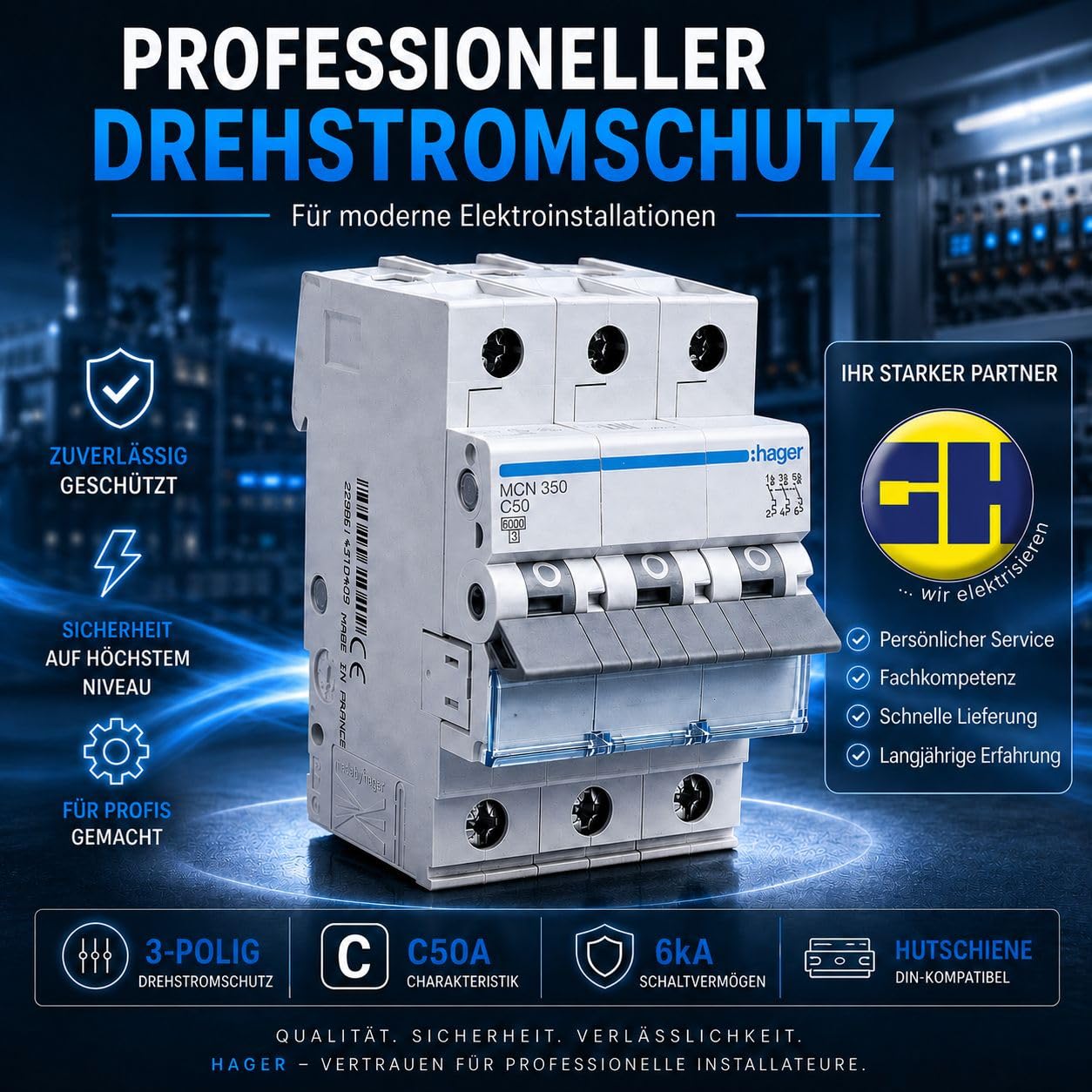 HAGER MCN350 Leitungsschutzschalter 3 polig 50A, C-Charakteristik, 6kA Sicherungsautomat 3P für Drehstrom, biconnect Klemmsystem, LS-Schalter für Hutschiene, 3 Module, 230 400V AC