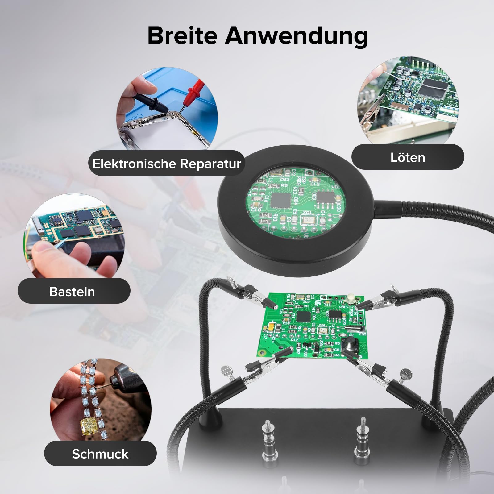 Dritte Hand Löten, Lötstation Helfende Hand mit 6X Lupe und 4 Flexible Arme, Magnetische Löthilfe mit 4 PCB-Säulen, Reparatur der Leiterplatte für Elektronik, Modelle und Lötaufgaben