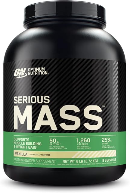 Optimum Nutrition Serious Mass Poudre de protéine gainer, gainer de masse haute en calories avec protéines et glucides, 50 g de protéines, 1250 cal/portion, vanille, 2,72 kg, 8 portions (l'emballage peut varier)