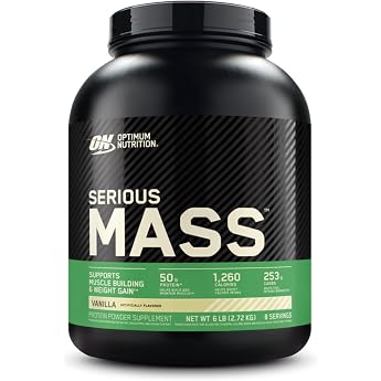 Optimum Nutrition Serious Mass Protein Powder High Calorie Mass Gainer with Vitamins, Creatine and Glutamine, Vanilla, 8 Serv