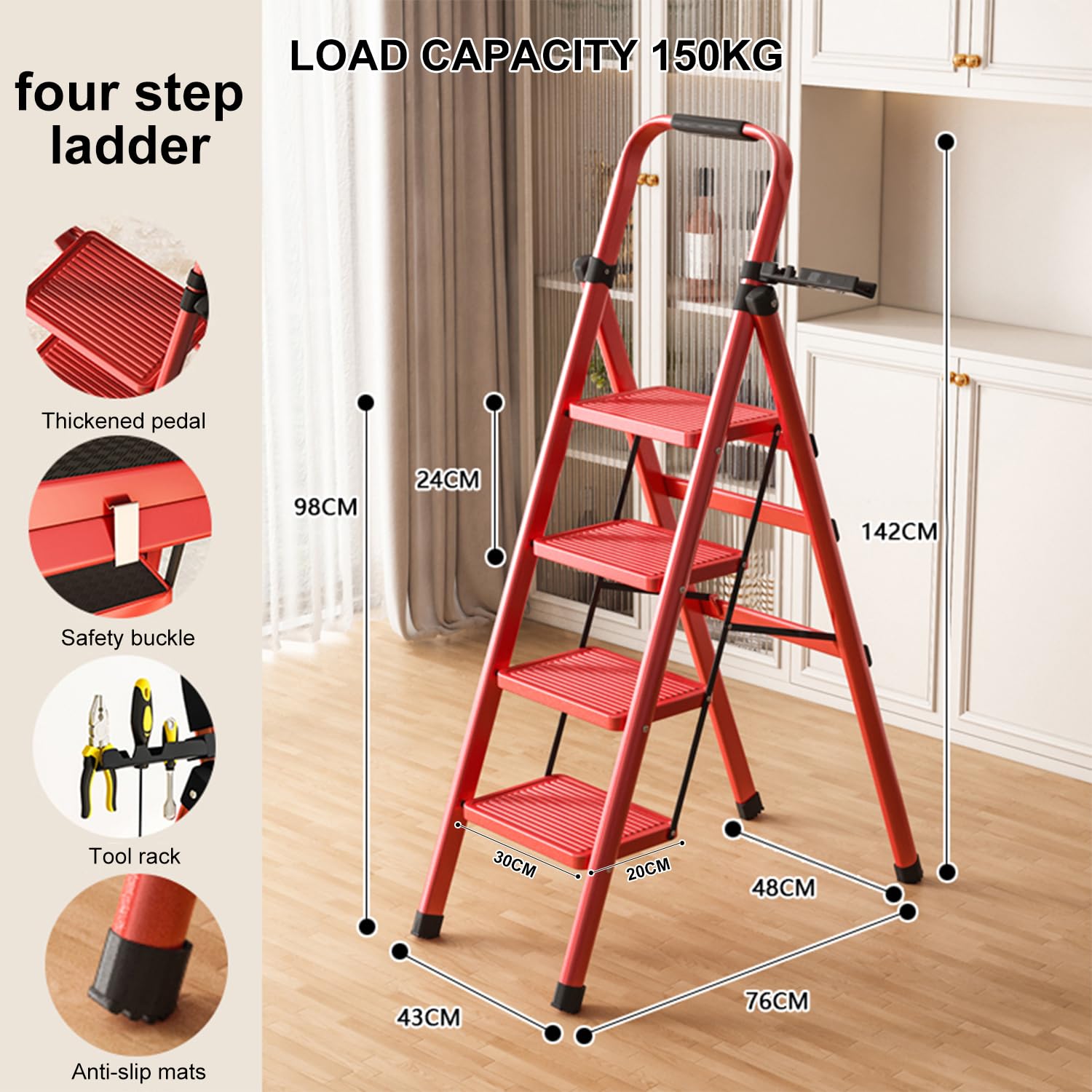 K IKIDO Escabeau pliable avec main courante, 4 marches - Antidérapant, facile à ranger - Marches larges - Convient pour la cuisine, la maison et la maison - Charge maximale : 150 kg (4 marches)