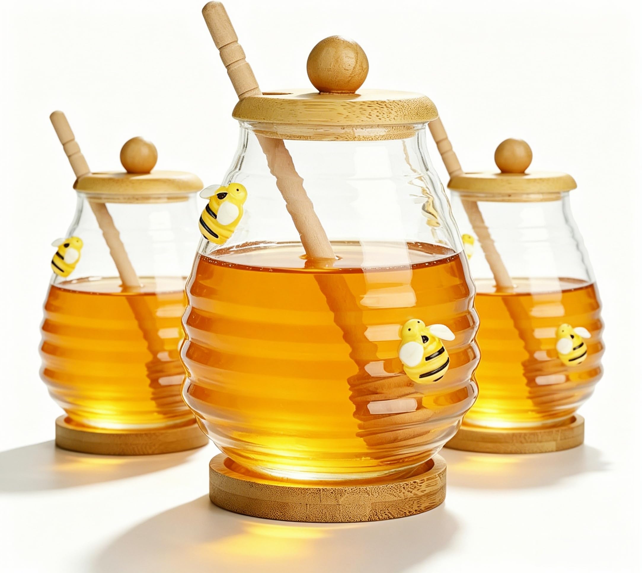 BestYiJo Honey Jar with Dipper and Lid,Wood Tray, Glass Honey Dispenser Honey Jar for Home Kitchen-300ml Glass Honey Pot (3 Pcs)