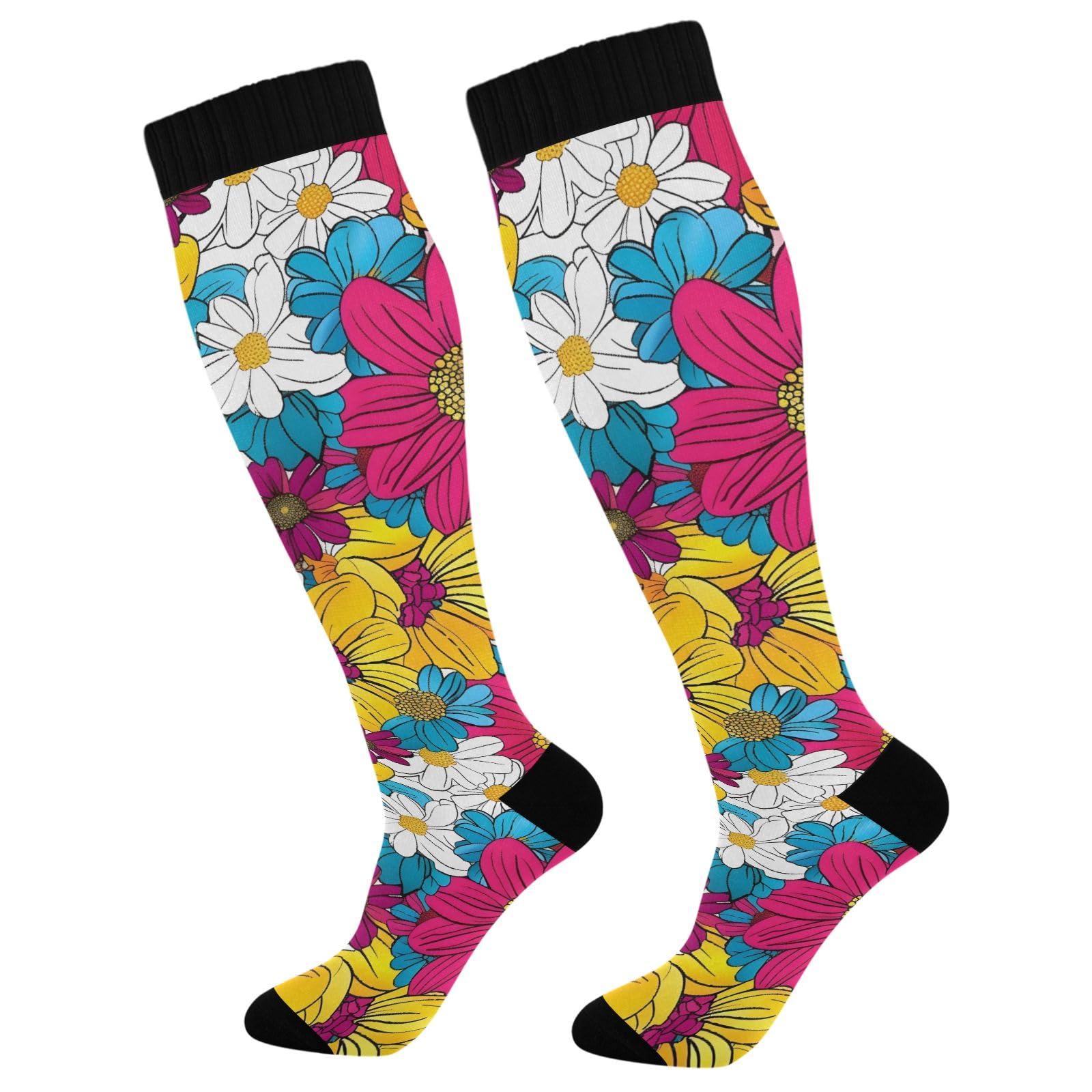 ALAZA Athletic Compression Socks Knee High Socks Stockings for Men Colored Floral Pattern Women Running Circulation Sport Football