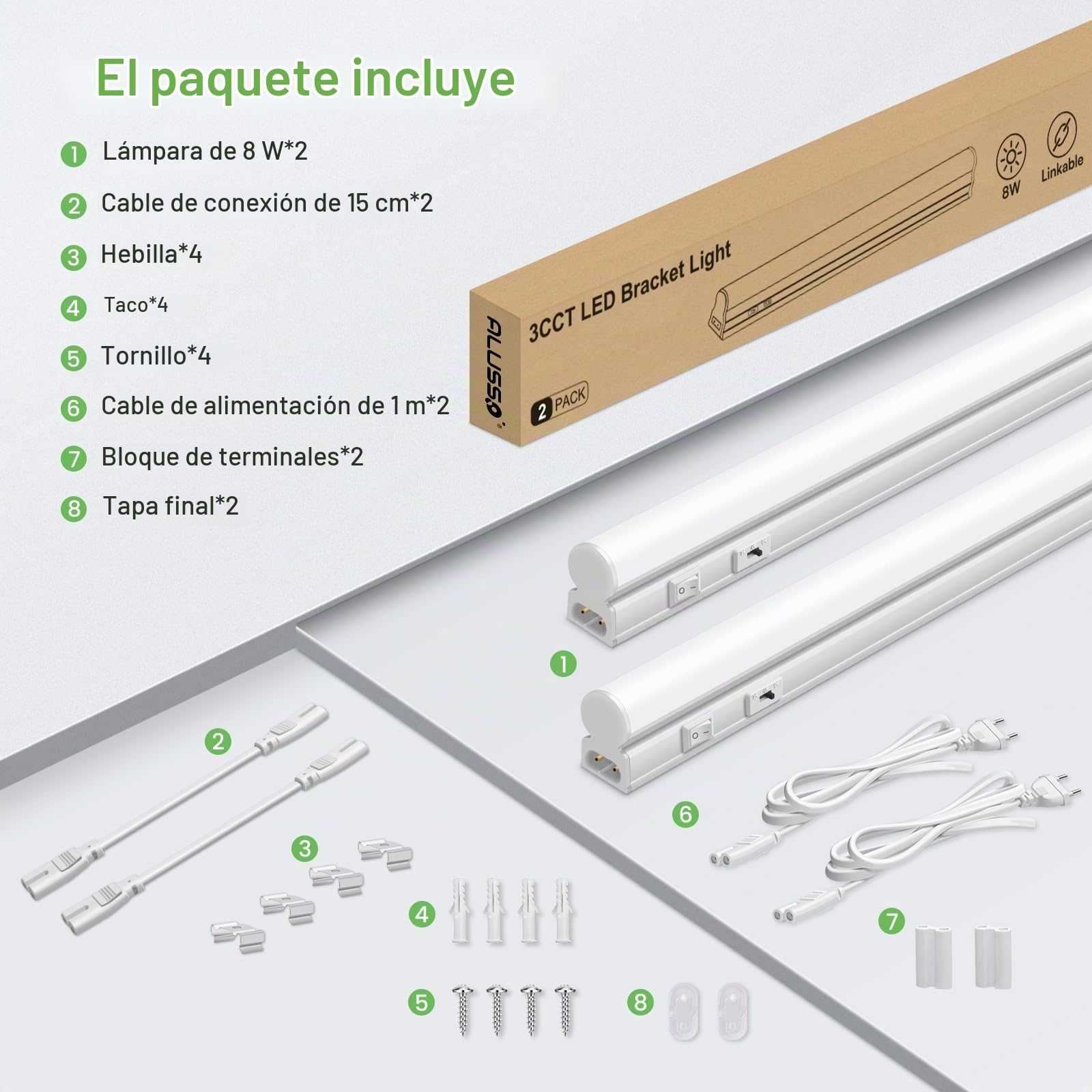 ALUSSO Barras de Luz LED para Cocina 8W 800lm, 3CCT 3000K 4000K 6500K, Iluminación Bajo Mueble con Interruptor y Cable, Barra LED 58cm 230V, Luz Bajo Armario Blanca Pack de 2