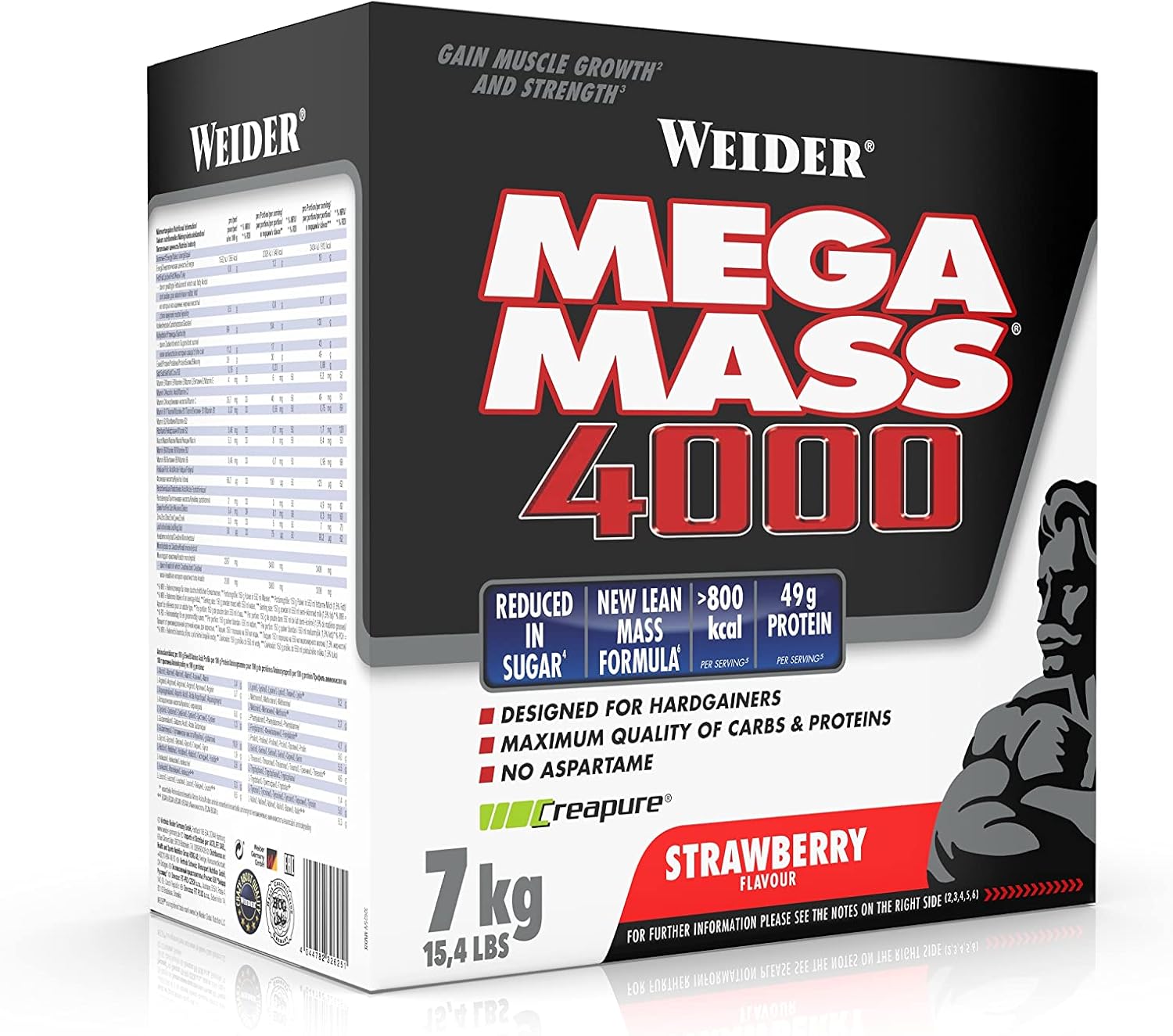 Weider Mega Mass 4000 Weight Gainer Shake zum Zunehmen, Erdbeere, mit