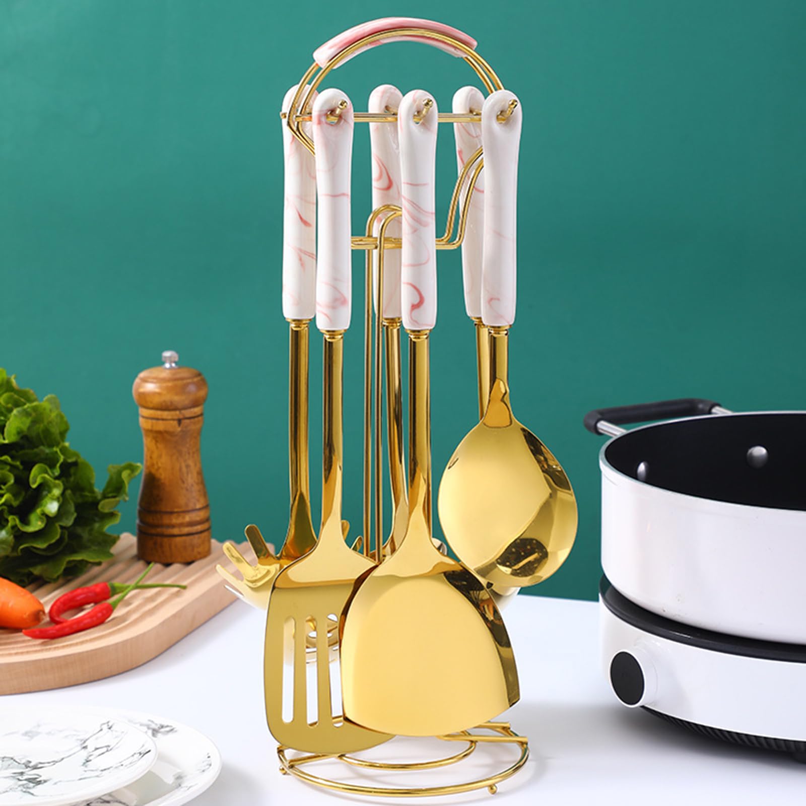Juego De Utensilios De Cocina De 7 Piezas con Soporte, Mango De Cerámica Antiadherente Resistente Al Calor, Juego De Utensilios De Cocina De Acero Inoxidable, Utensilios De Cocina