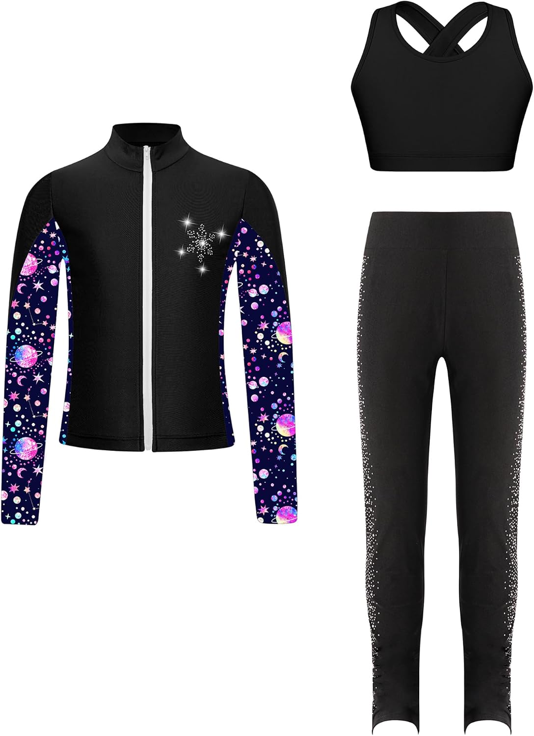 Kids Girls Long Sleeve Zipper Jacket Crop Top Vest with Sparkly Rhinestones Leggings Sport Suit