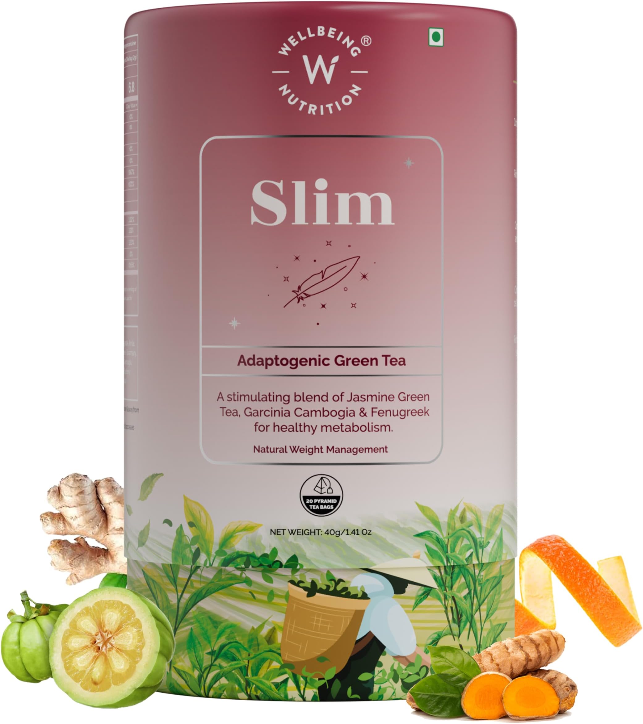 Wellbeing Nutrition Slim Tea | Weight Management | Improves Metabolism, Satiety & Detox | Jasmine Green Tea, Garcinia Cambogia, Green Coffee Beans (20 Pyramid Bags)