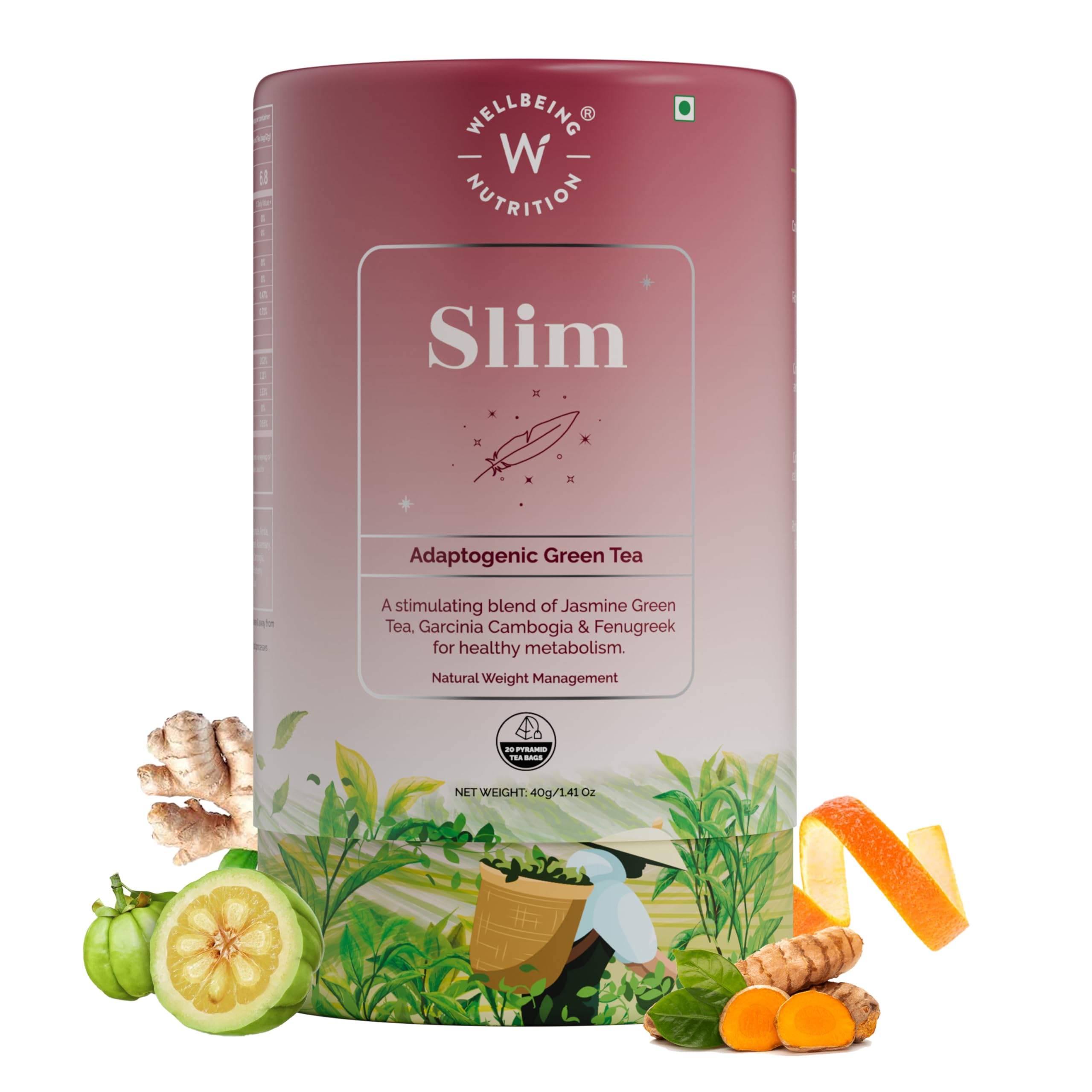 Wellbeing Nutrition Slim Tea | Weight Management | Improves Metabolism, Satiety & Detox | Jasmine Green Tea, Garcinia Cambogia, Green Coffee Beans (20 Pyramid Bags)