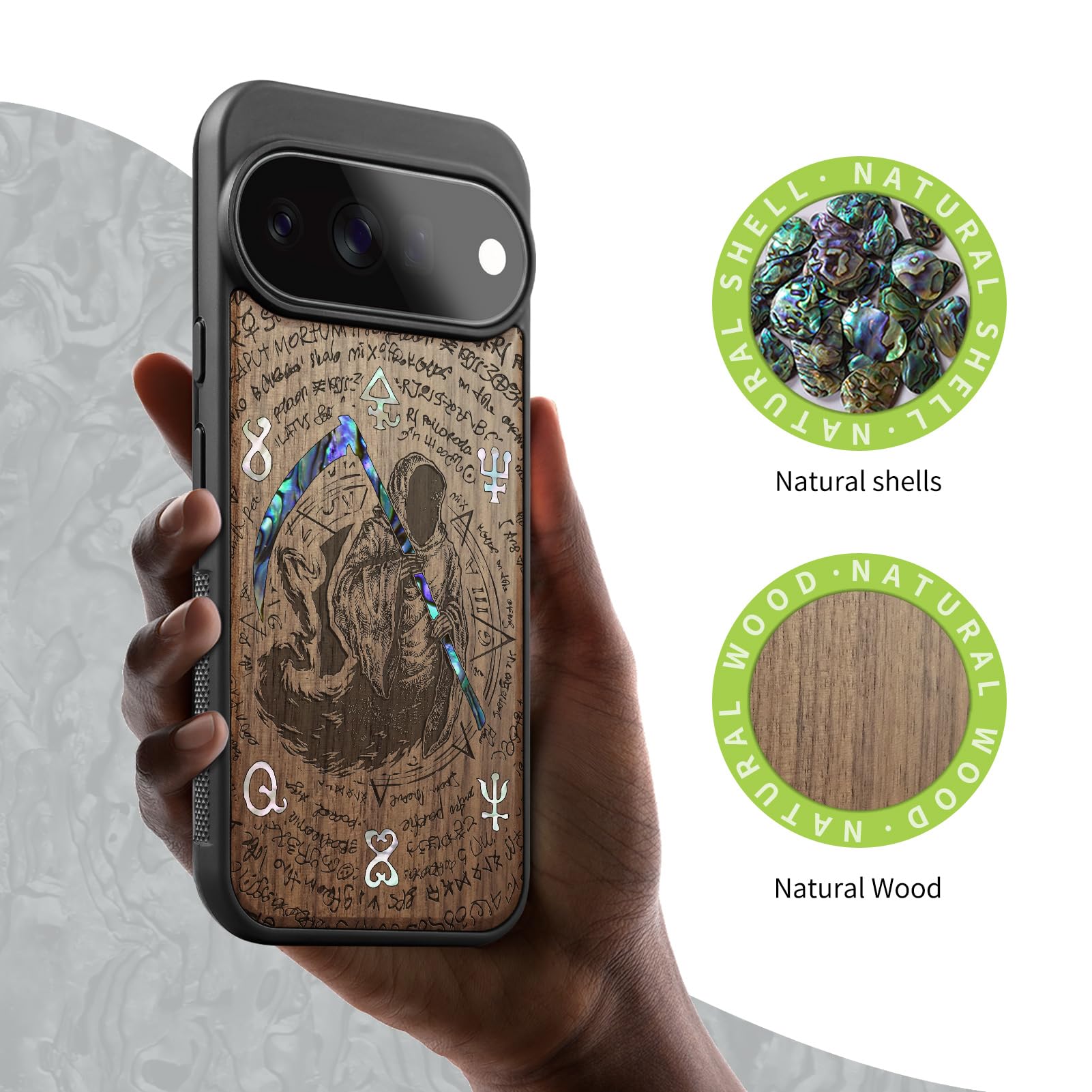 Carveit Madera Funda para Pixel 11 Pro XL (Nogal-Parca) | Compatible con MagSafe [Grabado en madera e incrustación de mejillones] Magnética Cover para Google Pixel 11 Pro XL Carcasa