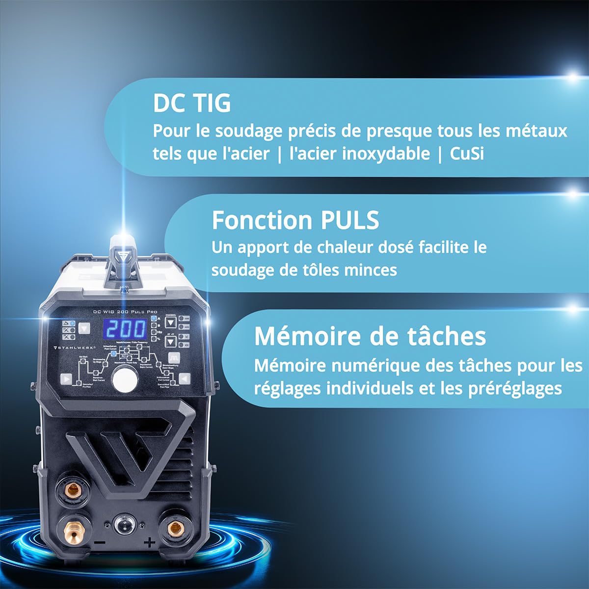 STAHLWERK Poste à souder combiné 2-en-1 DC TIG 200 Puls Pro – TIG & MMA (ARC) jusqu'à 200 A, fonction Pulse, mémoire de jobs, Hotstart, adapté aux tôles fines, pour acier, inox, cuivre & laiton