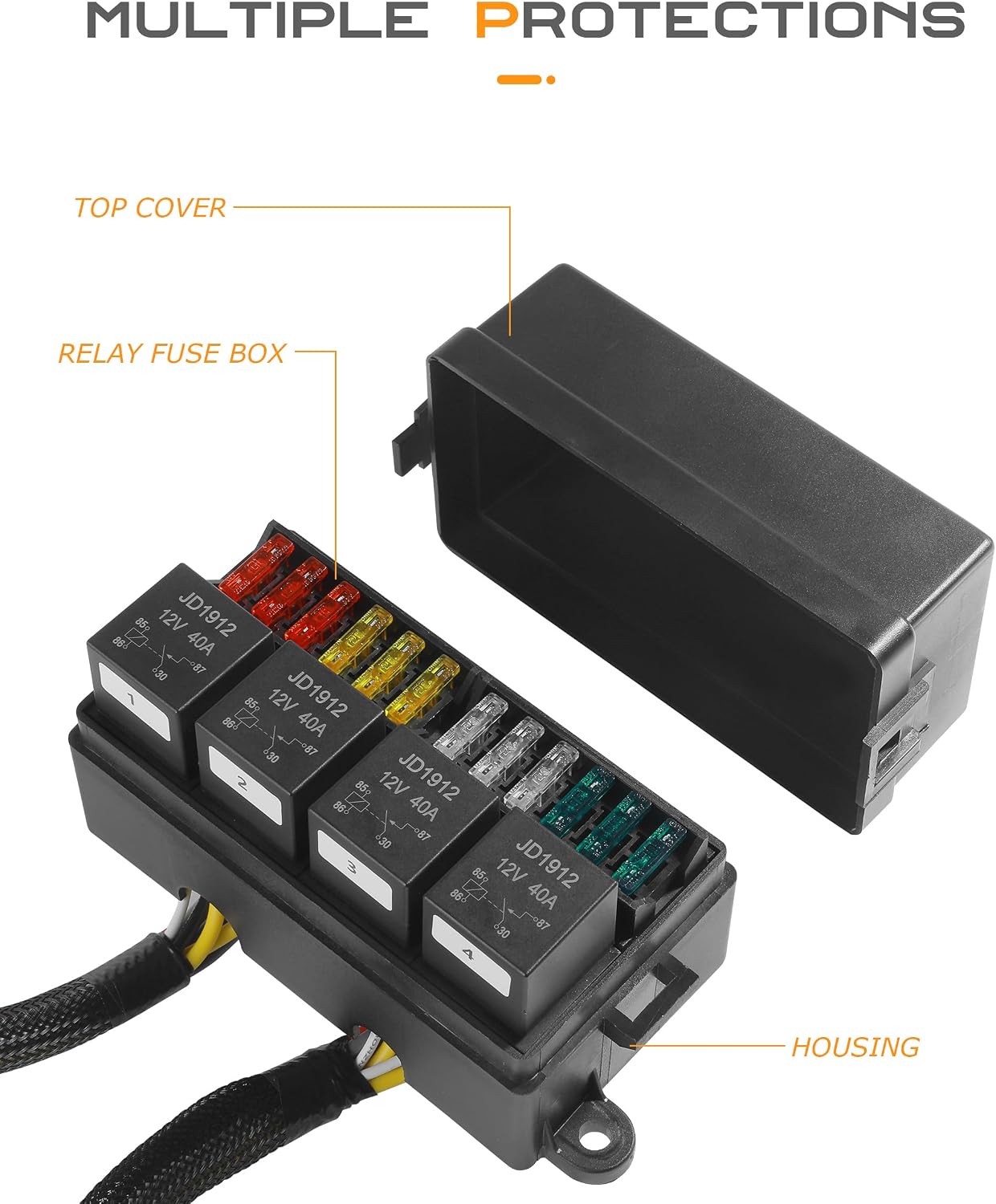 SCUARI Fuse Box,Car Accessories 12V Fuse Block,Pre-Wired Relay Box,Fuse Blocks 12 Volt Automotive,Water Proof Automotive Fuse Block with 4 Relays and 12 Way ATC/ATO Fuses,Suitable for Most Cars