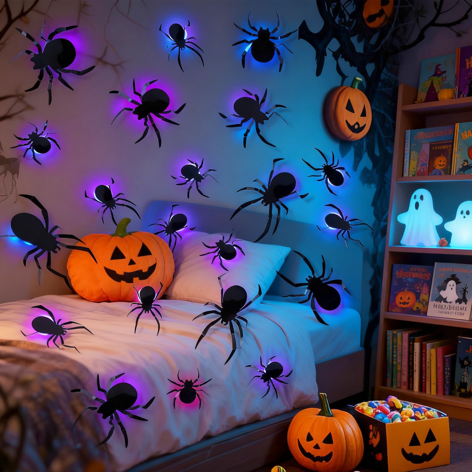 ALEGRE Dekoracja na Halloween, 10 sztuk, pająki 3D, dekoracja LED, świecące pająki, naklejki ścienne w 4 różnych rozmiarach, dekoracja LED na okno, drzwi, ścianę