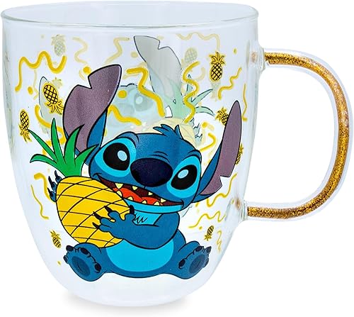 Disney Lilo & Stitch - Taza de vidrio con diseño de piñas con mango de purpurina, taza de café para expreso, té con leche Boba | Capacidad para 14