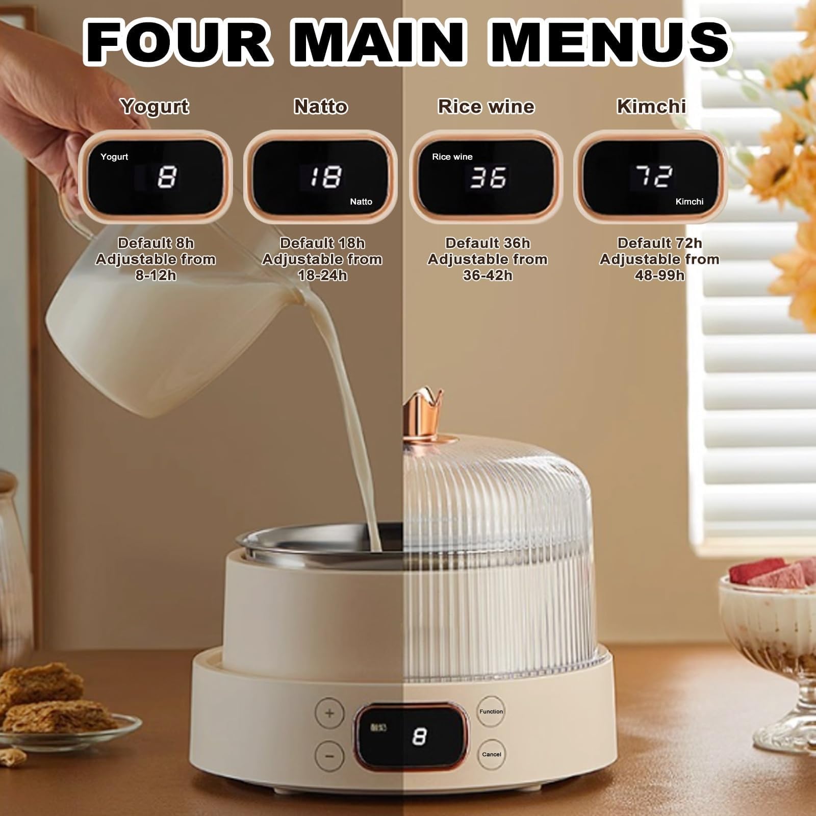 Machine à Yaourt Électrique 1000 ml, Yaourtière avec Écran LED, Contrôle Intelligent du Temps et de la Température, Appareil en Acier Inoxydable pour Vin de Riz et Kimchi