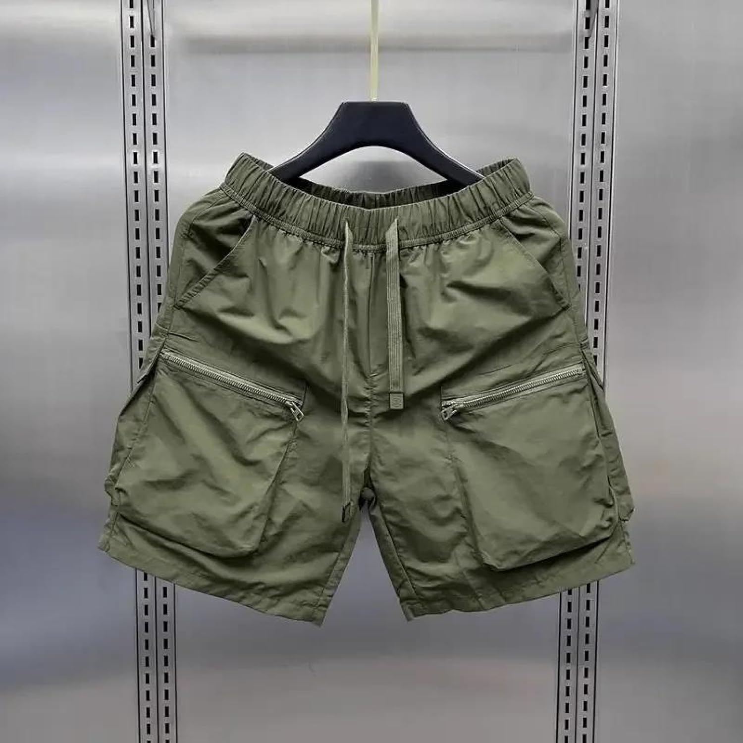 Men's Retro Cargo Shorts Summer Solid Color Loose Straight Leg Drawstring Multi-Pocket Casual Shorts