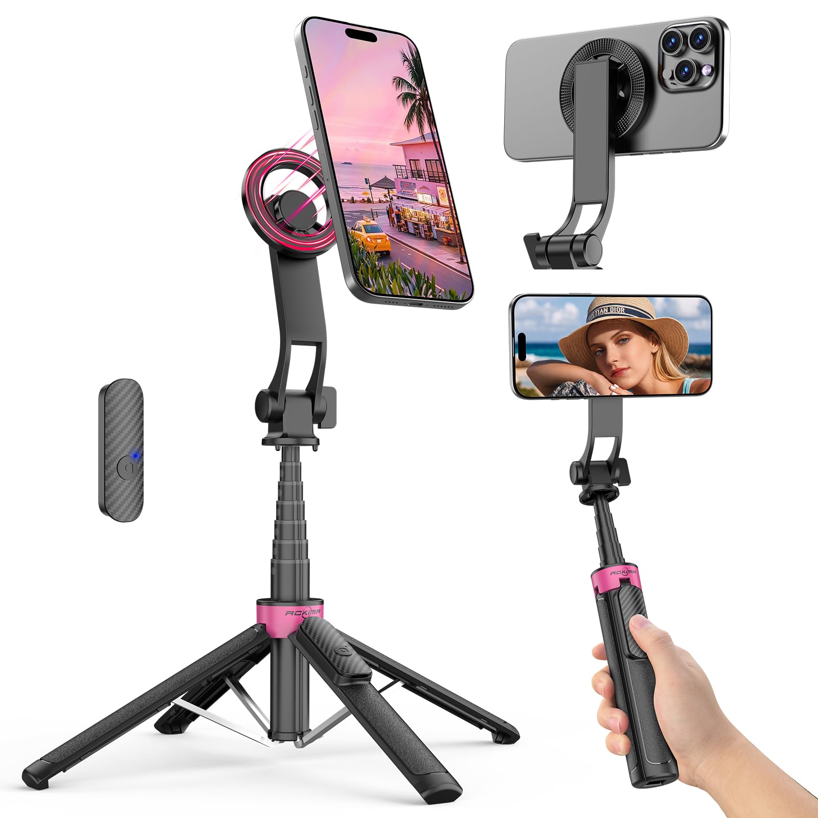 ACKIMA 37''Magnetic Phone Tripod, Portable Selfie Stick Tripod & 4-Leg Base | 360° Rotati…