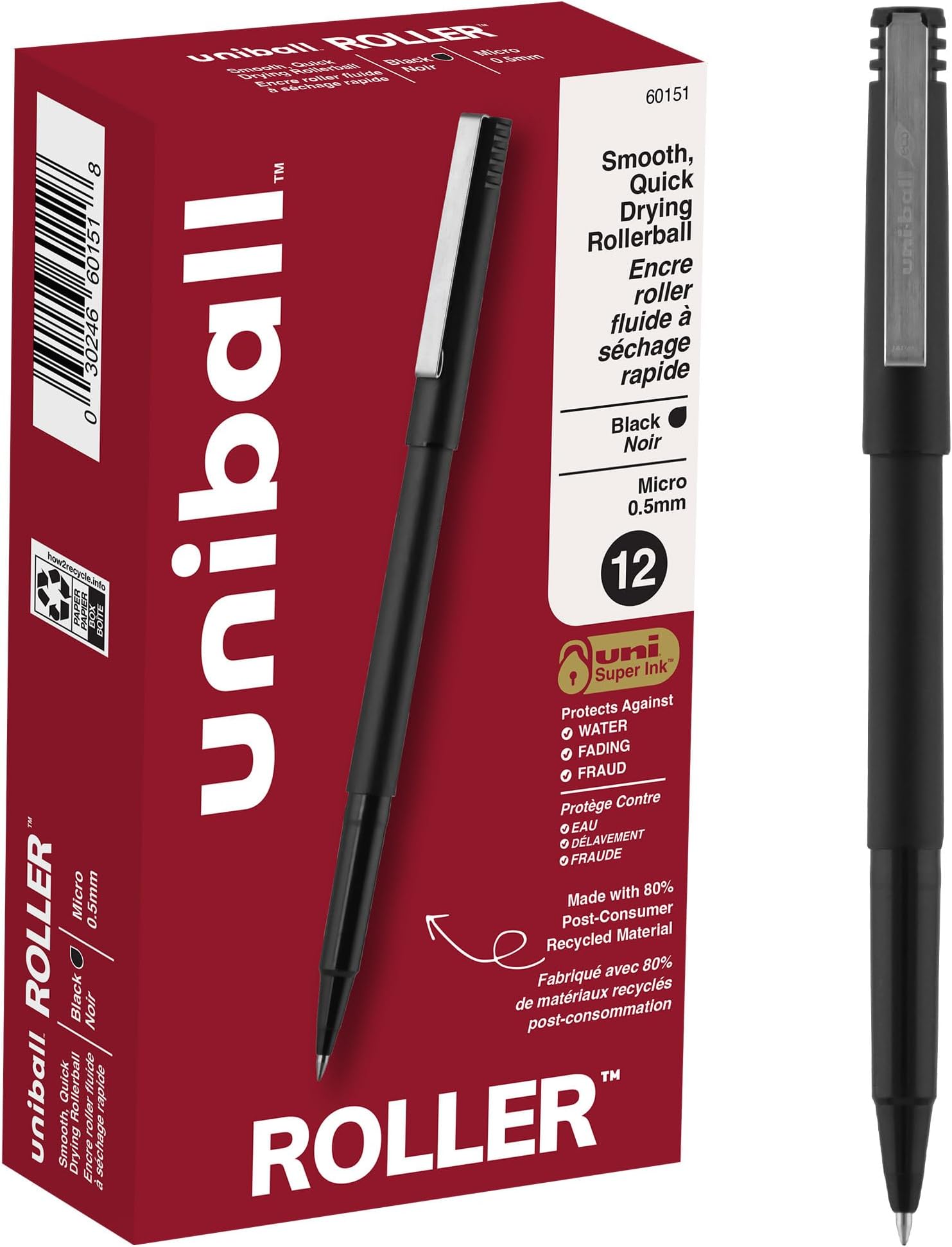 uni-ball Roller Pens, Micro Point (0.5mm), Black, 12 Count